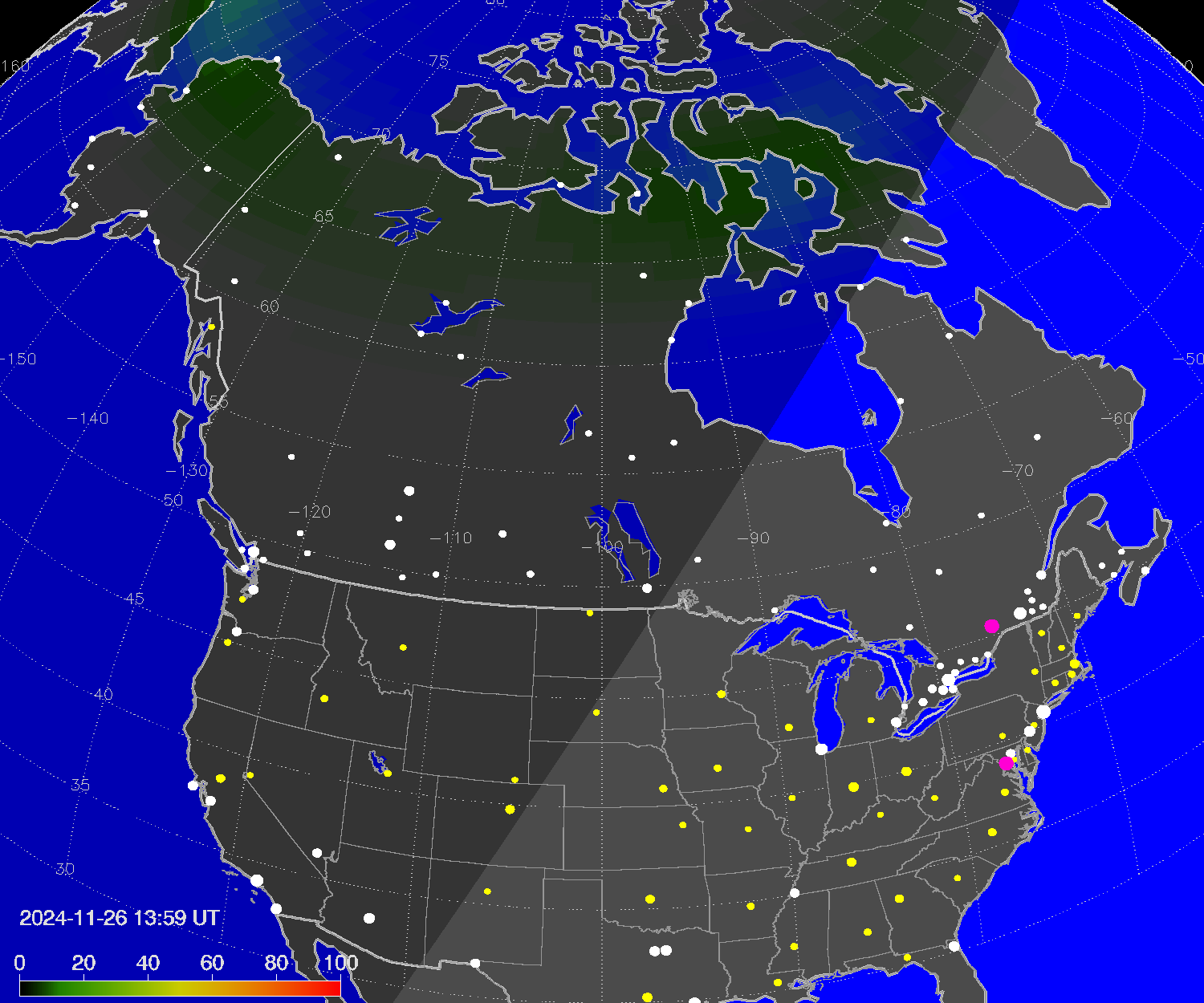 Northern lights (auroras) over North America