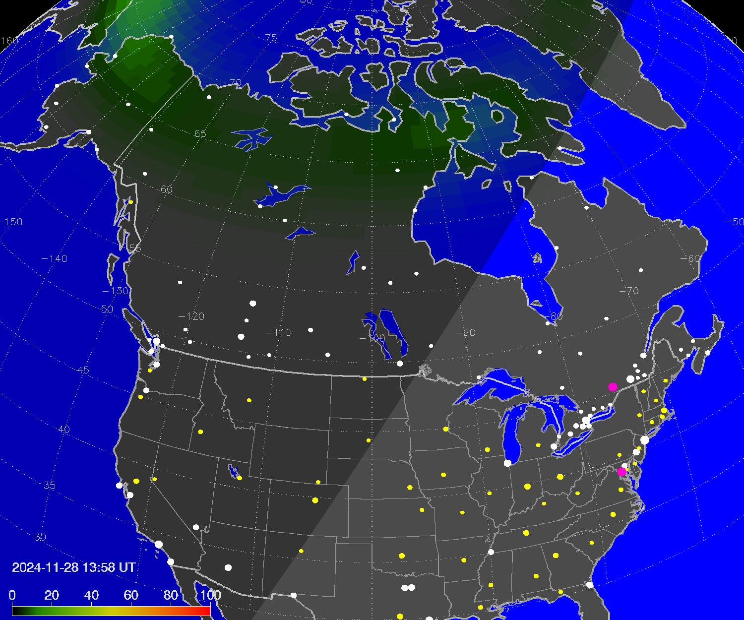 Northern lights (auroras) over North America