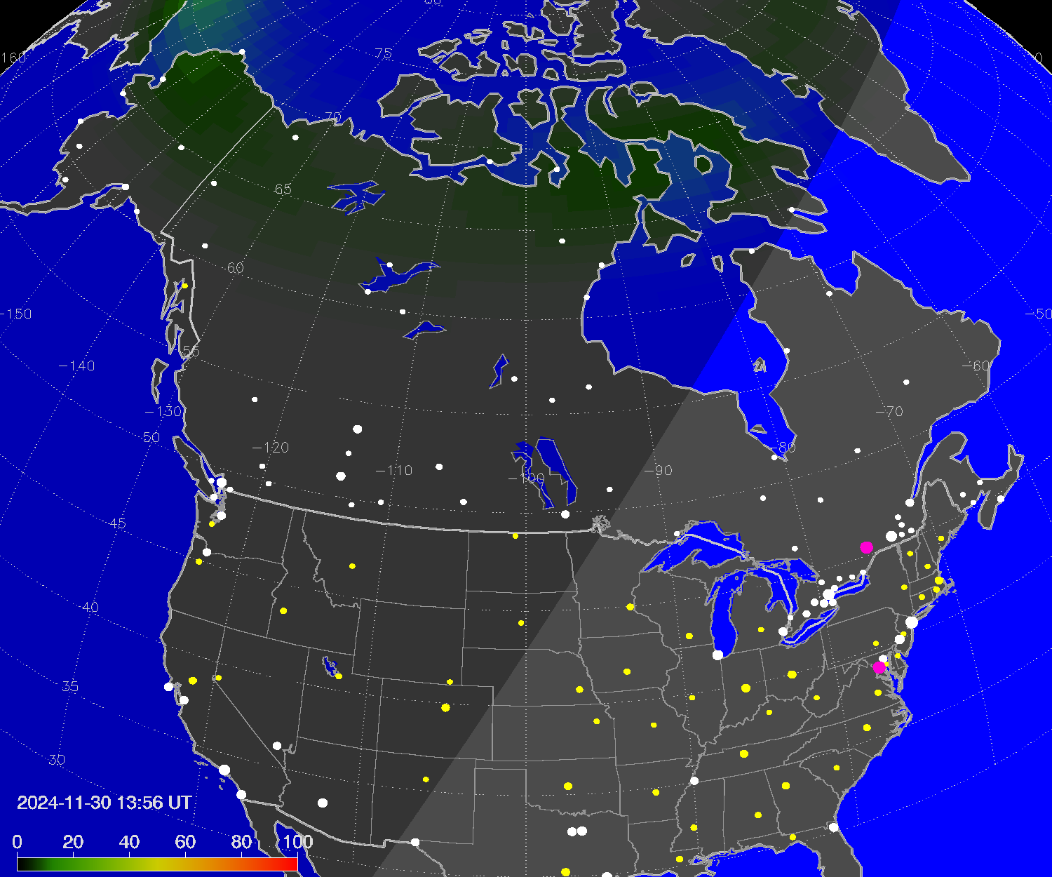 Northern lights (auroras) over North America