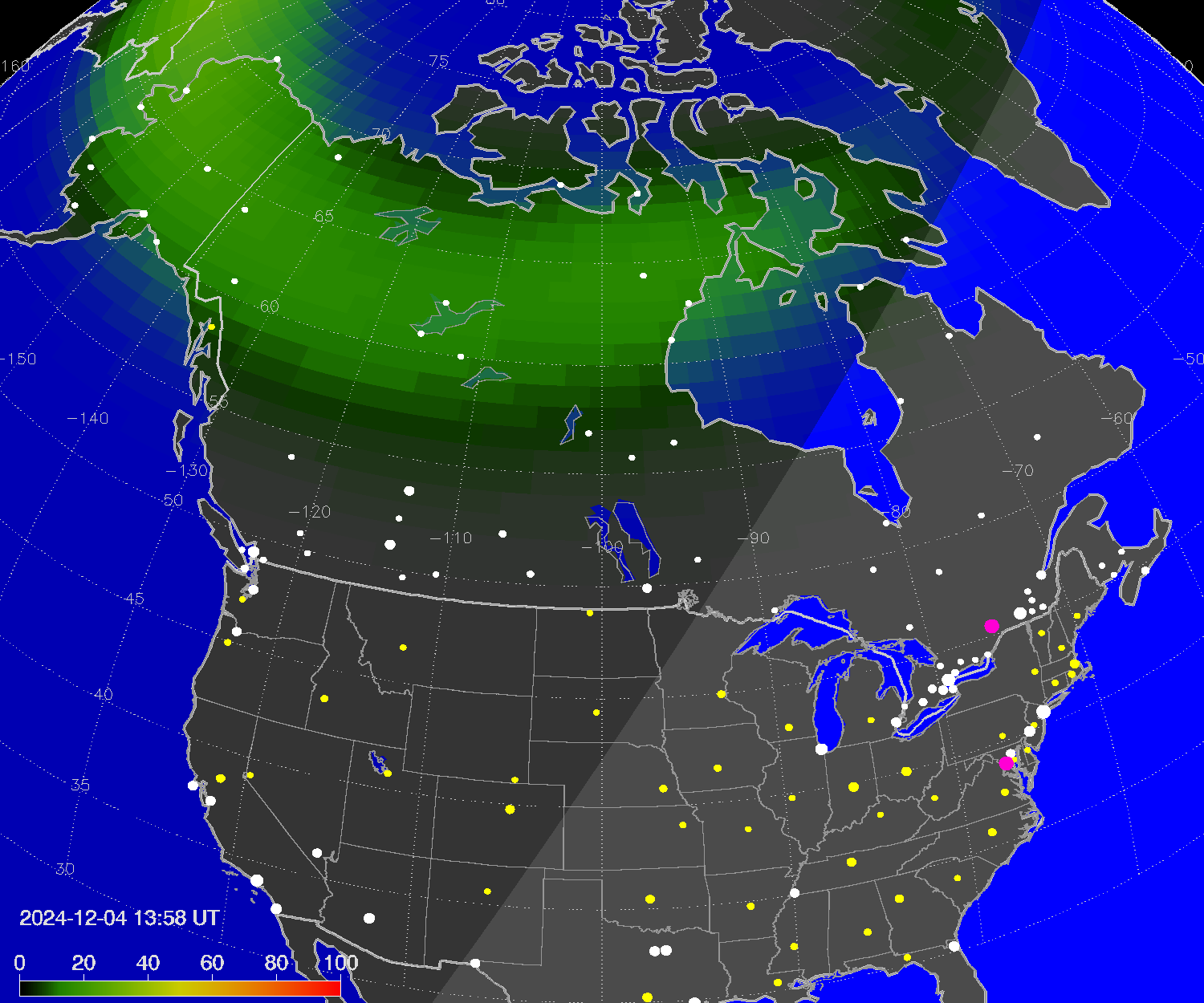 Northern lights (auroras) over North America