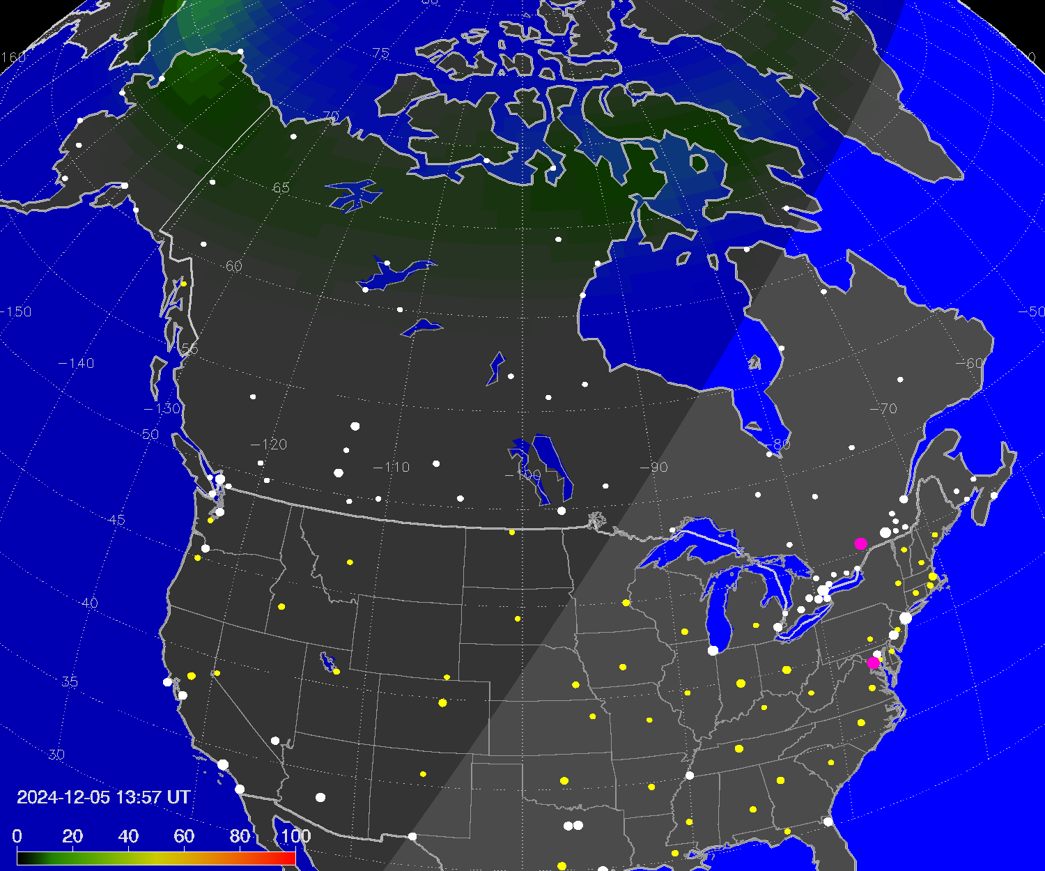 Northern lights (auroras) over North America
