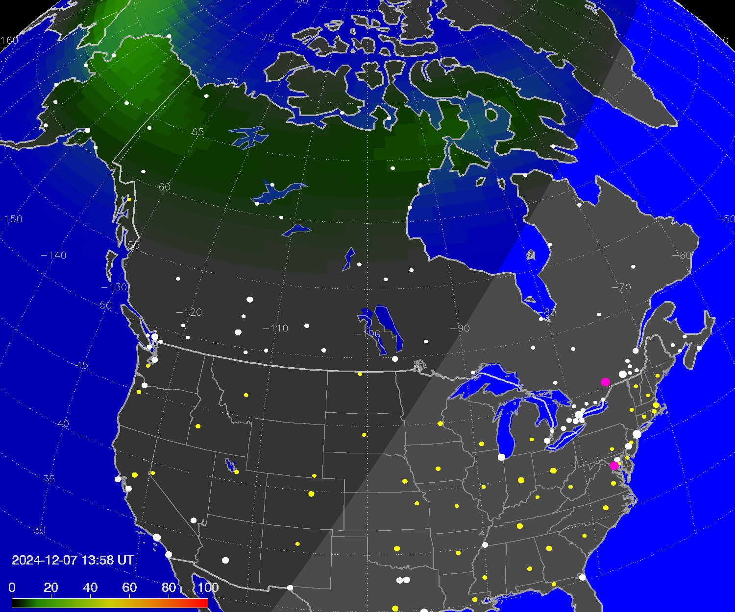 Northern lights (auroras) over North America