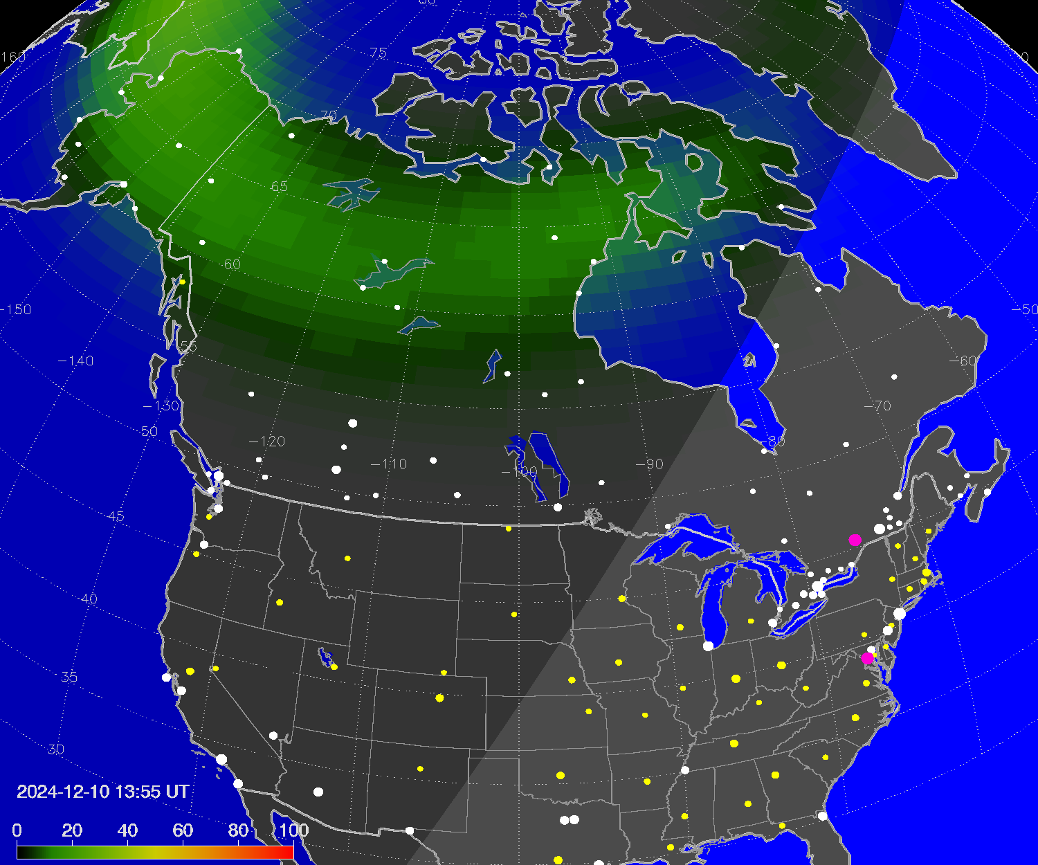 Northern lights (auroras) over North America