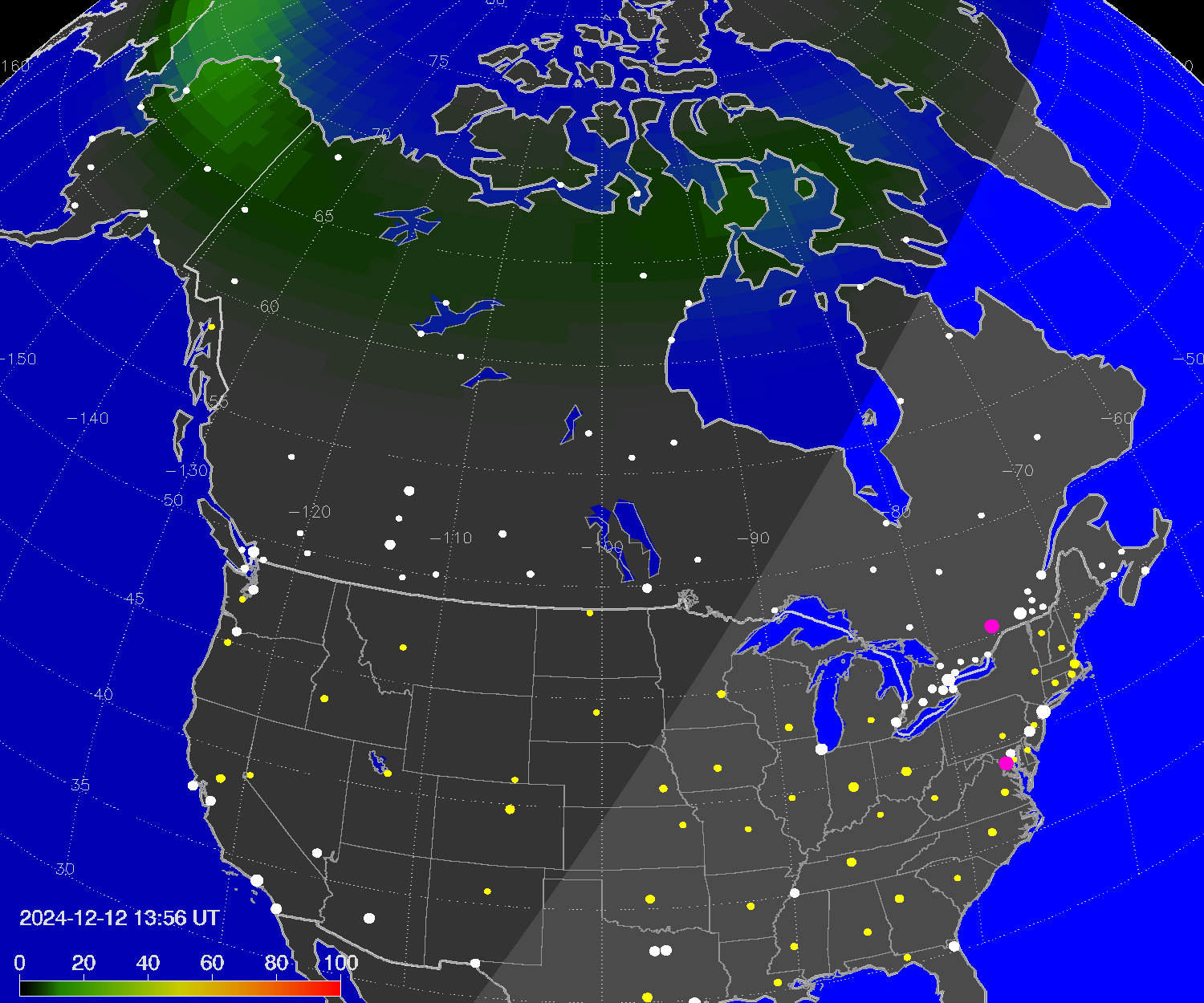 Northern lights (auroras) over North America