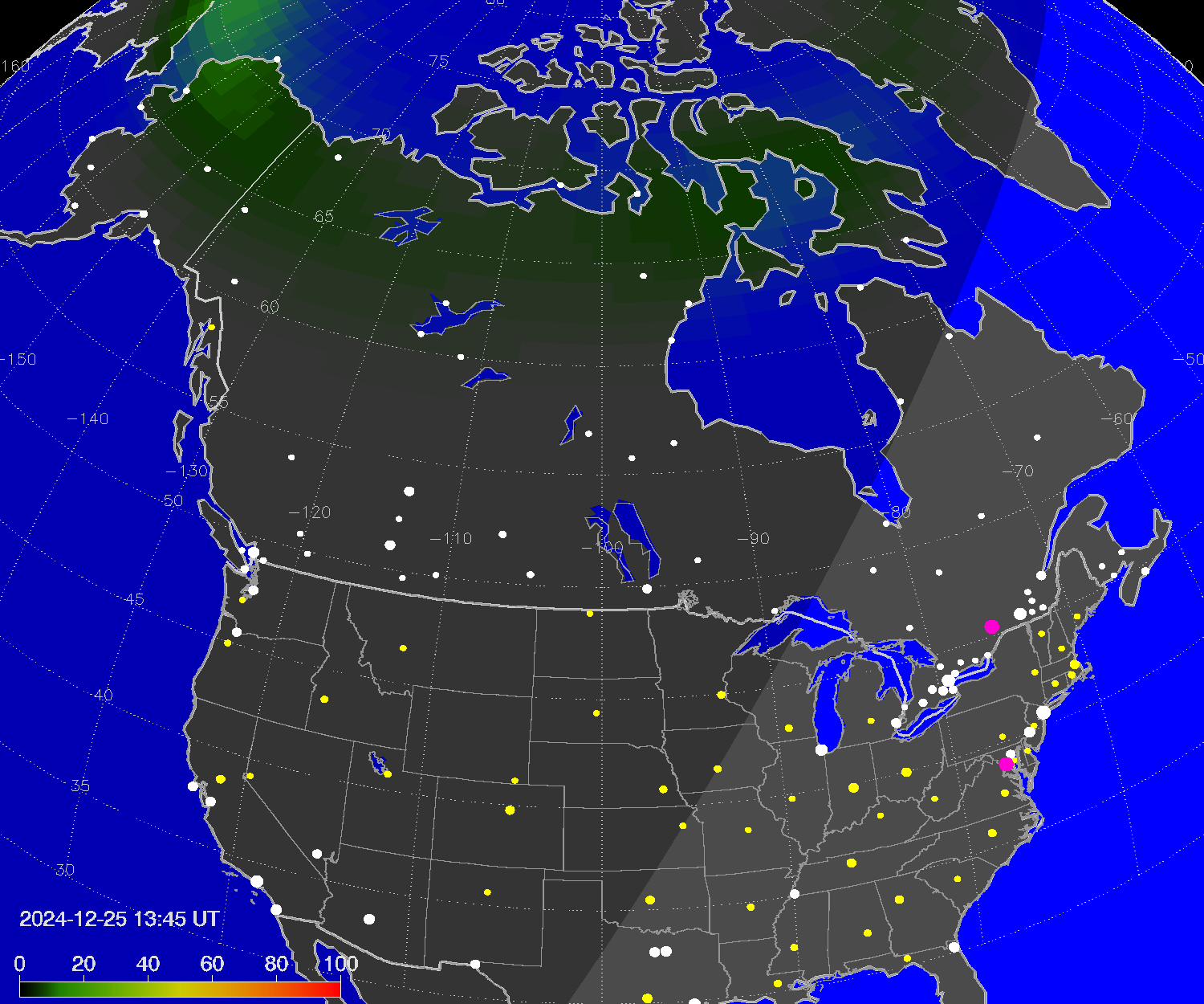 Northern lights (auroras) over North America