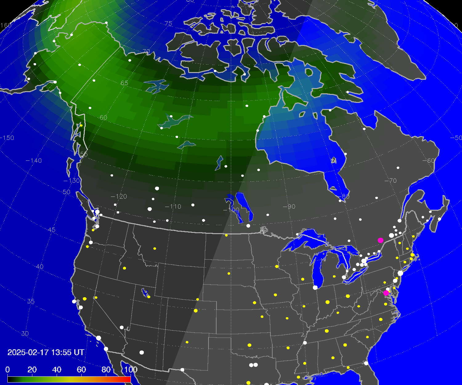 Northern lights (auroras) over North America