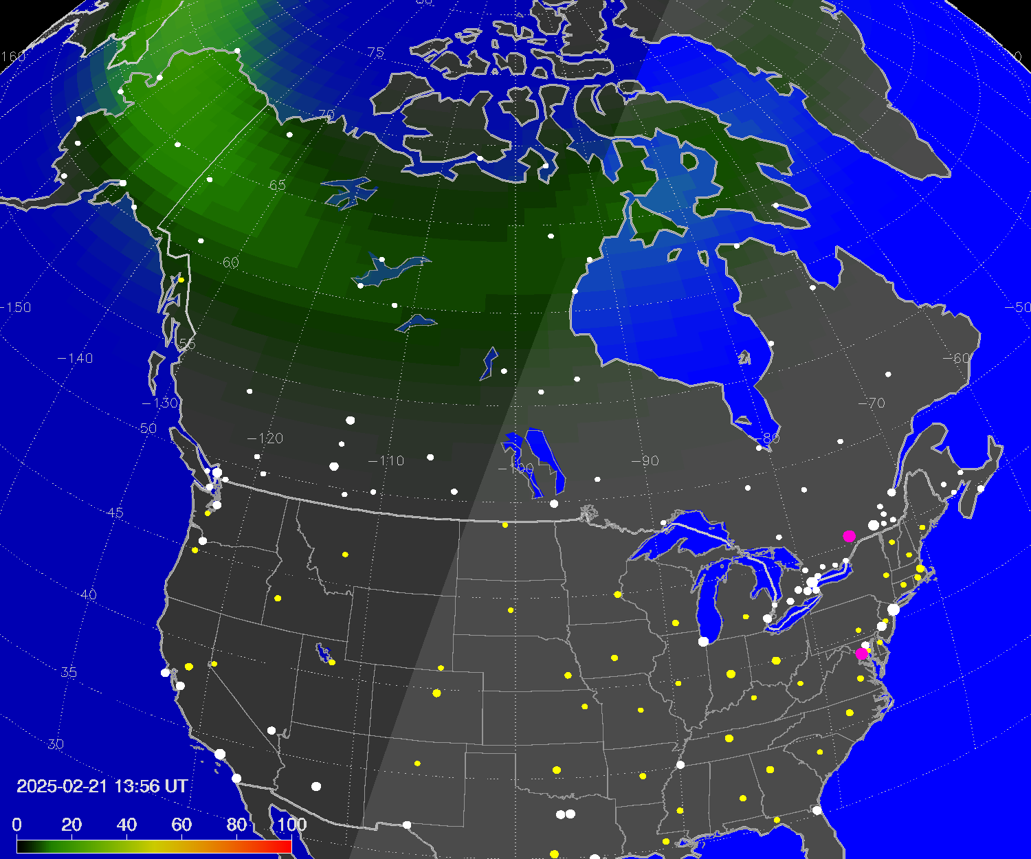 Northern lights (auroras) over North America