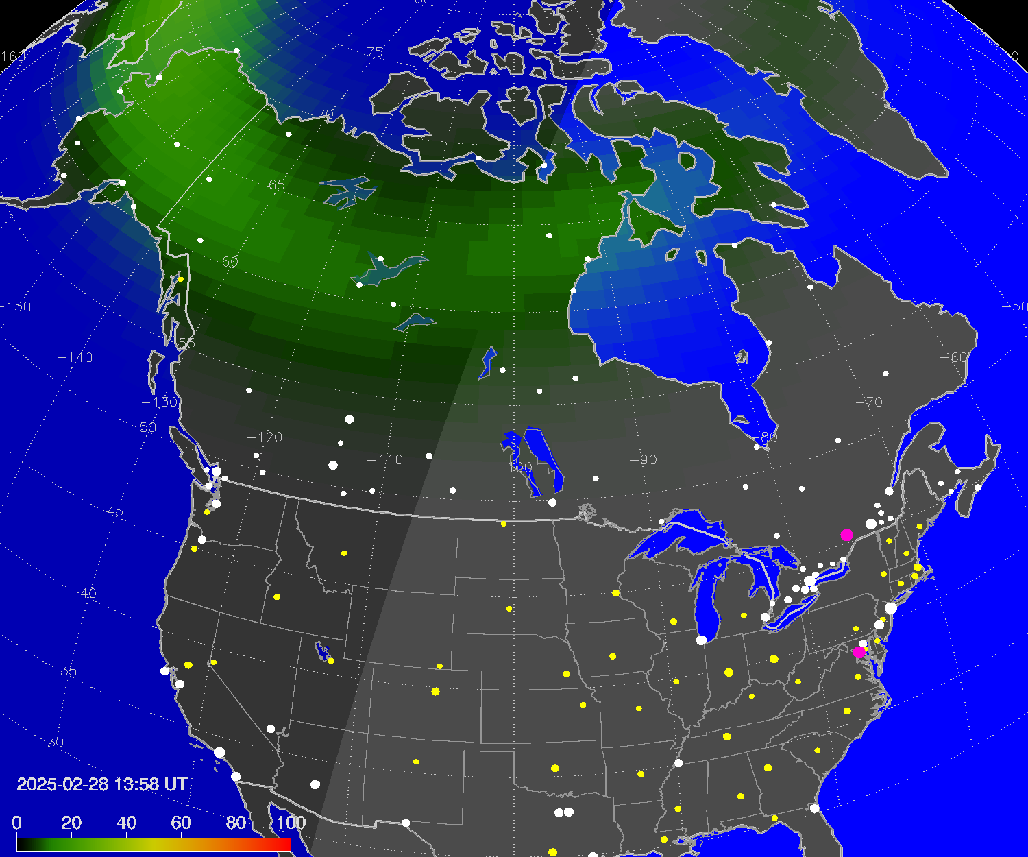 Northern lights (auroras) over North America