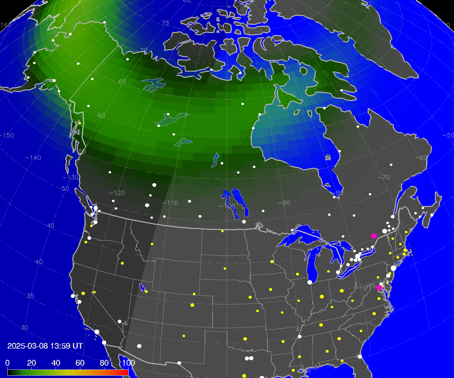 Northern lights (auroras) over North America