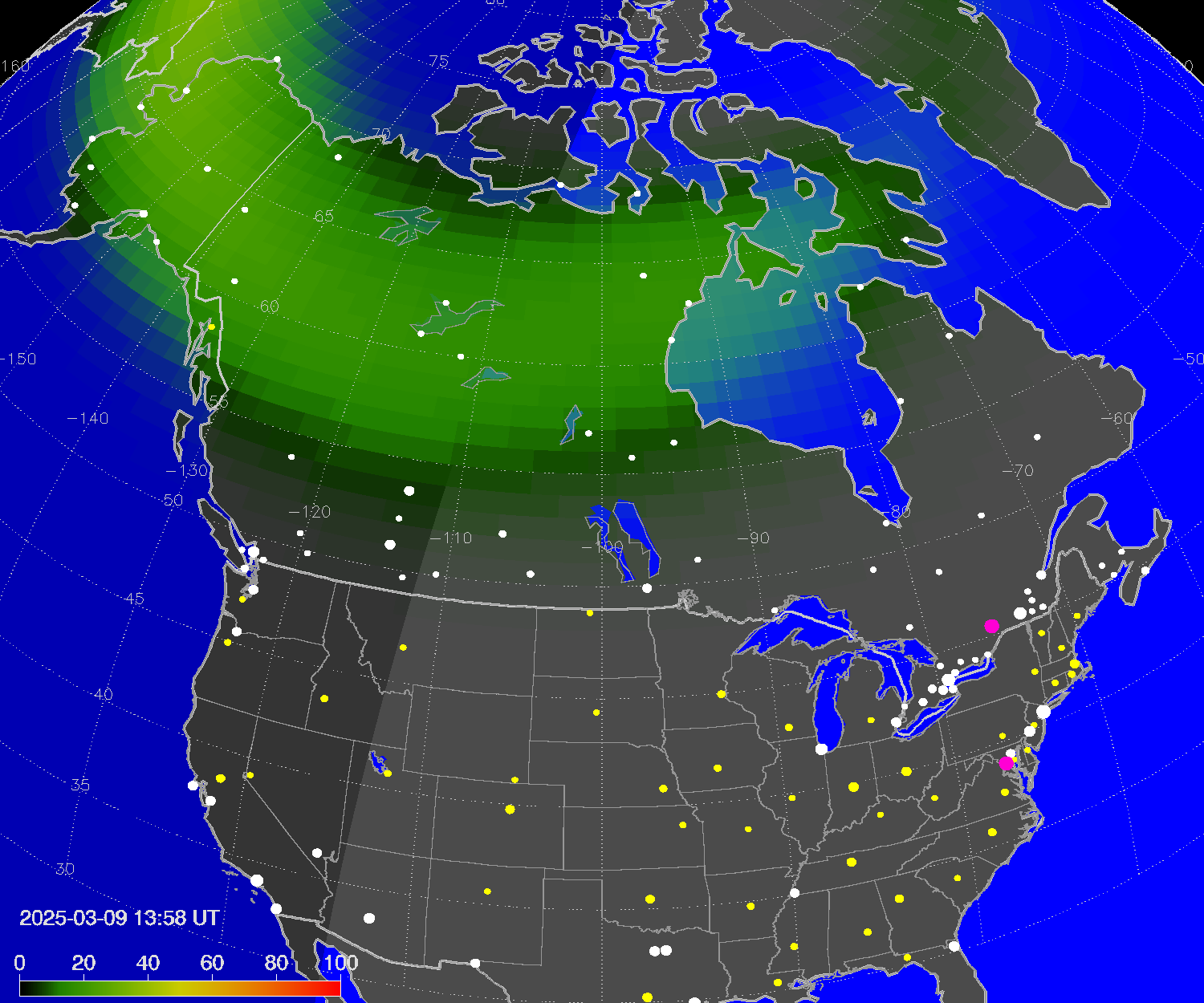 Northern lights (auroras) over North America