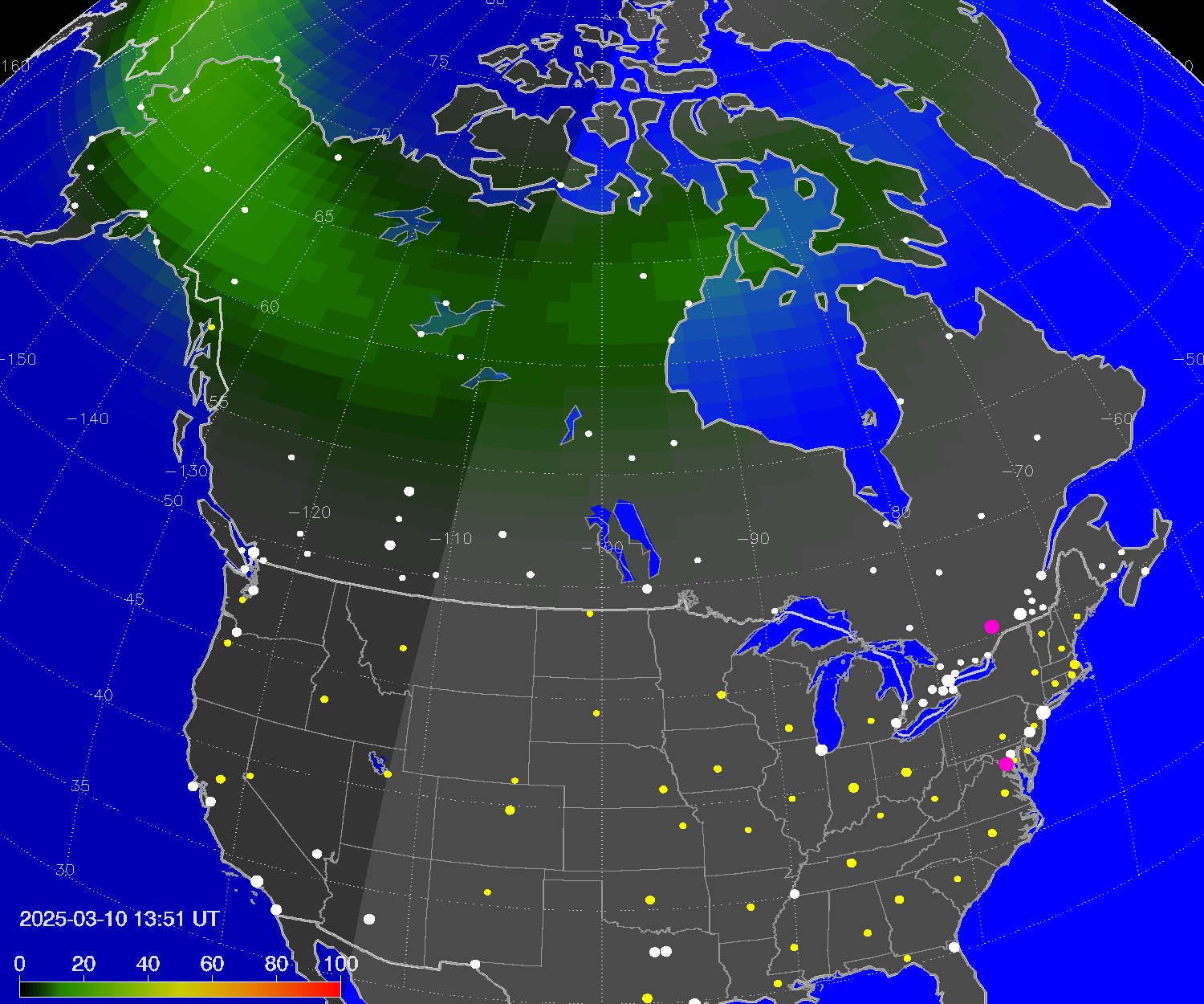 Northern lights (auroras) over North America