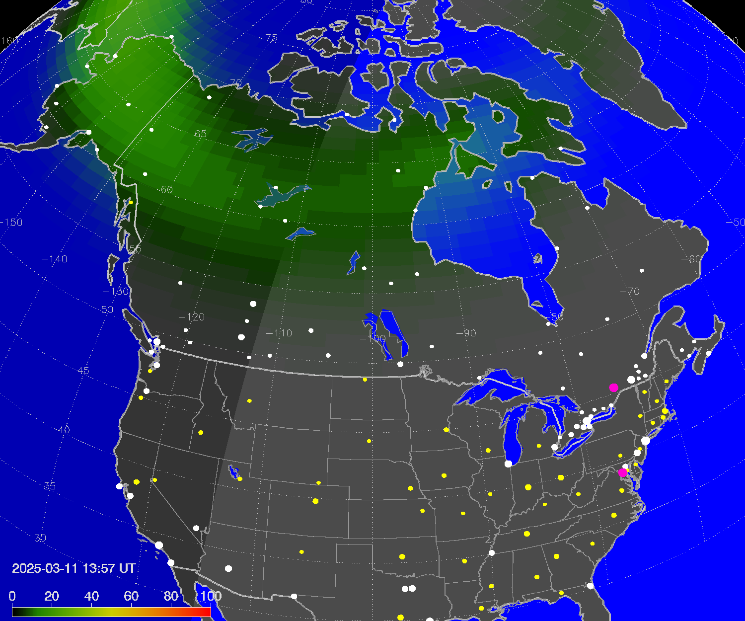 Northern lights (auroras) over North America