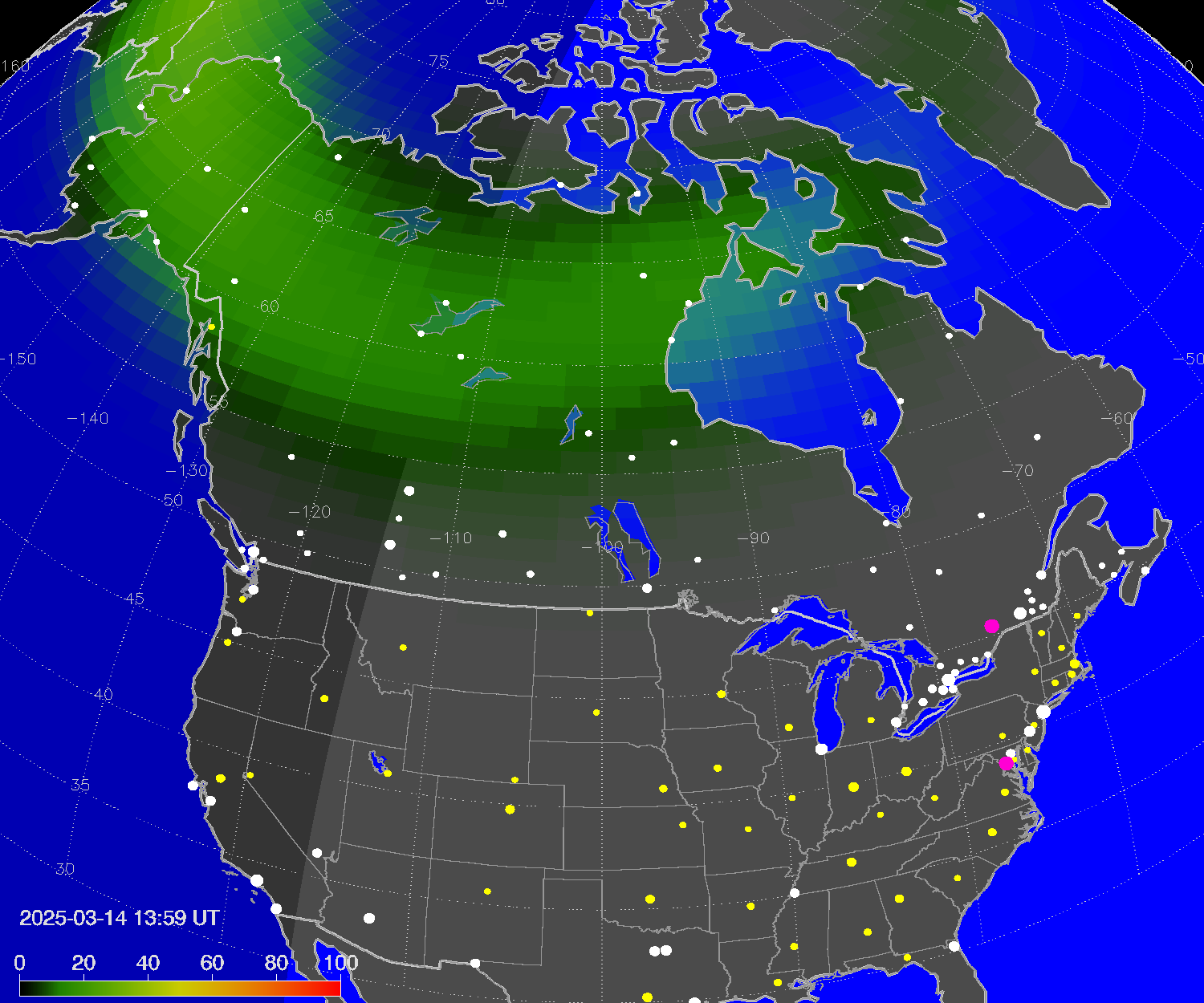 Northern lights (auroras) over North America