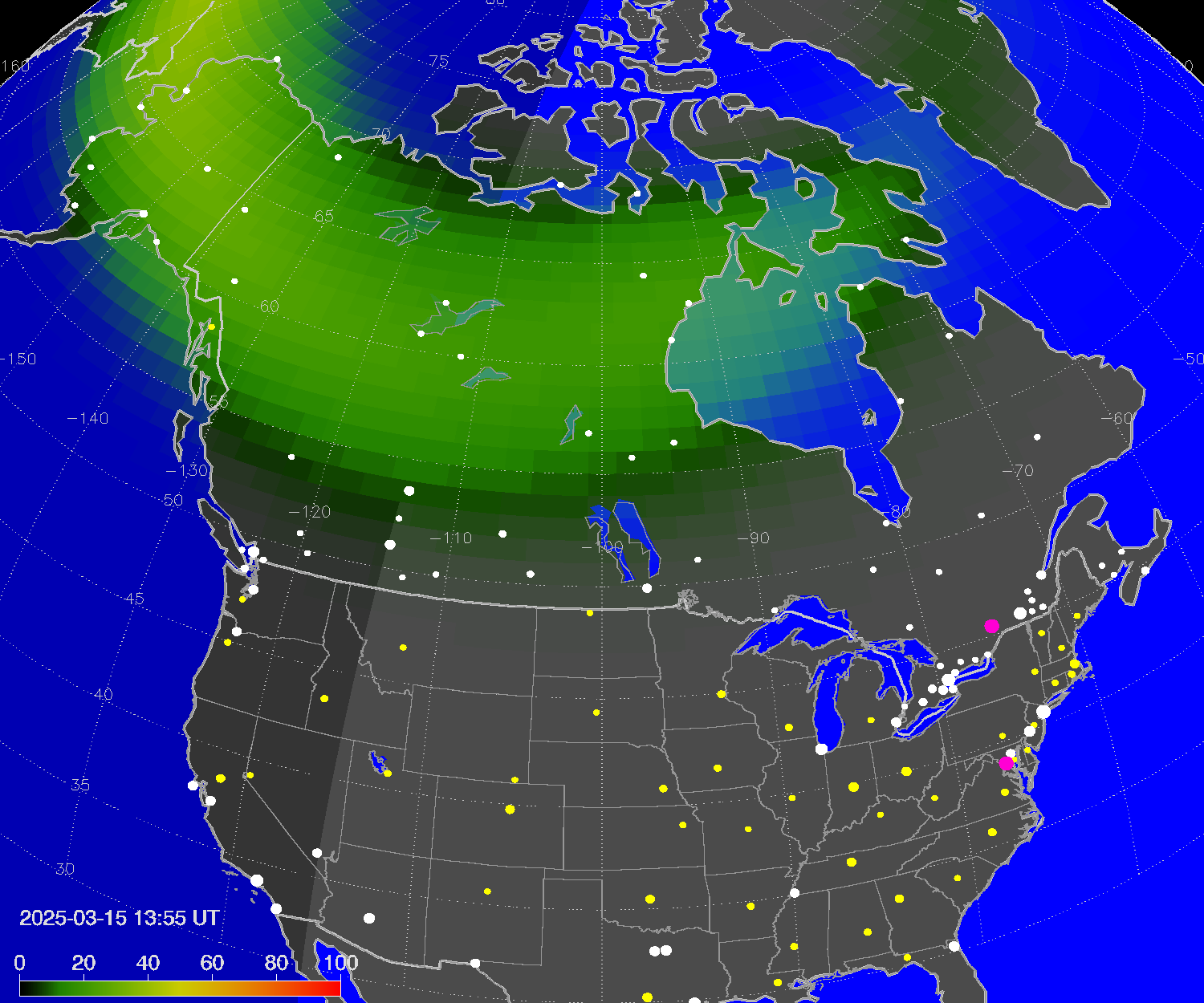 Northern lights (auroras) over North America