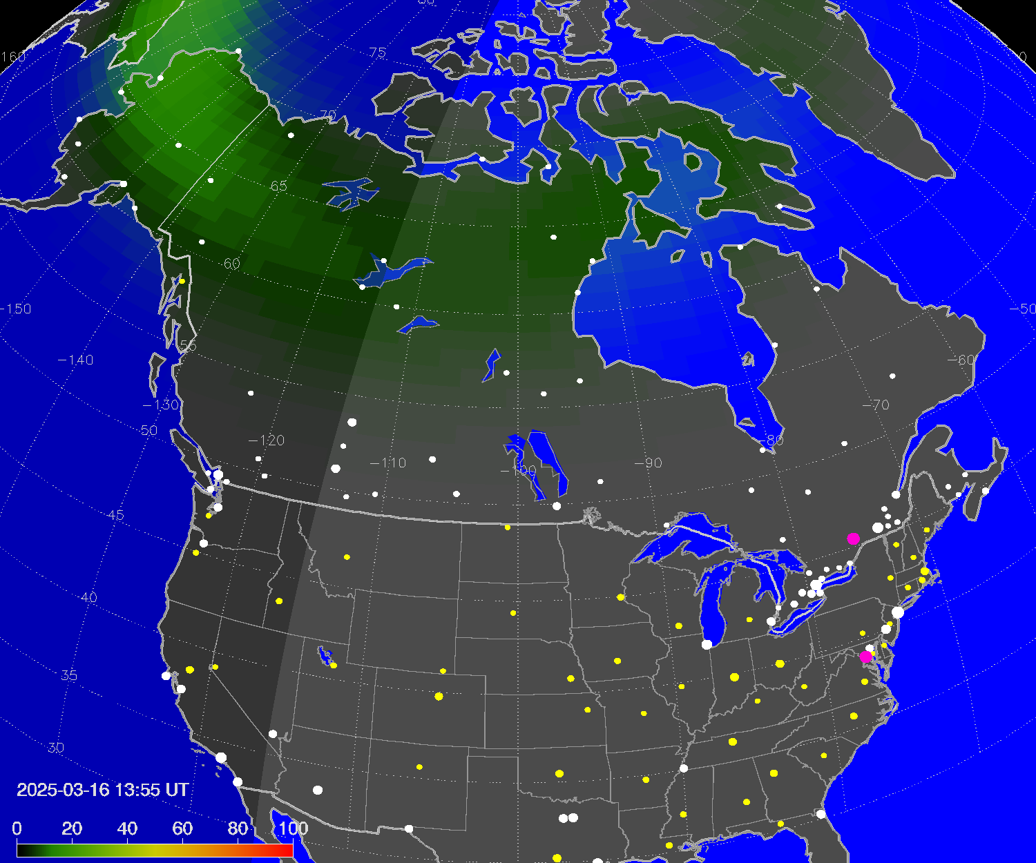 Northern lights (auroras) over North America
