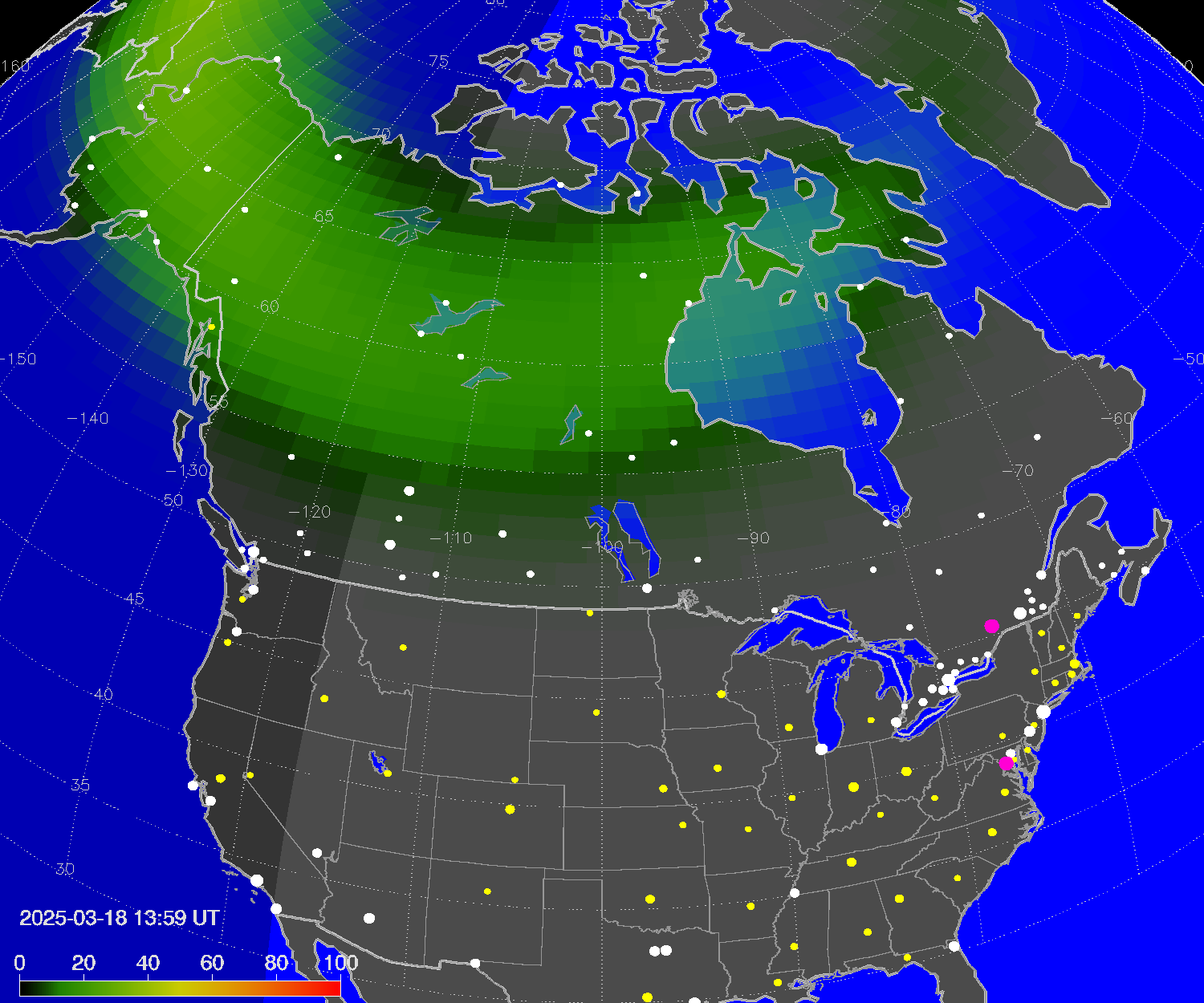 Northern lights (auroras) over North America