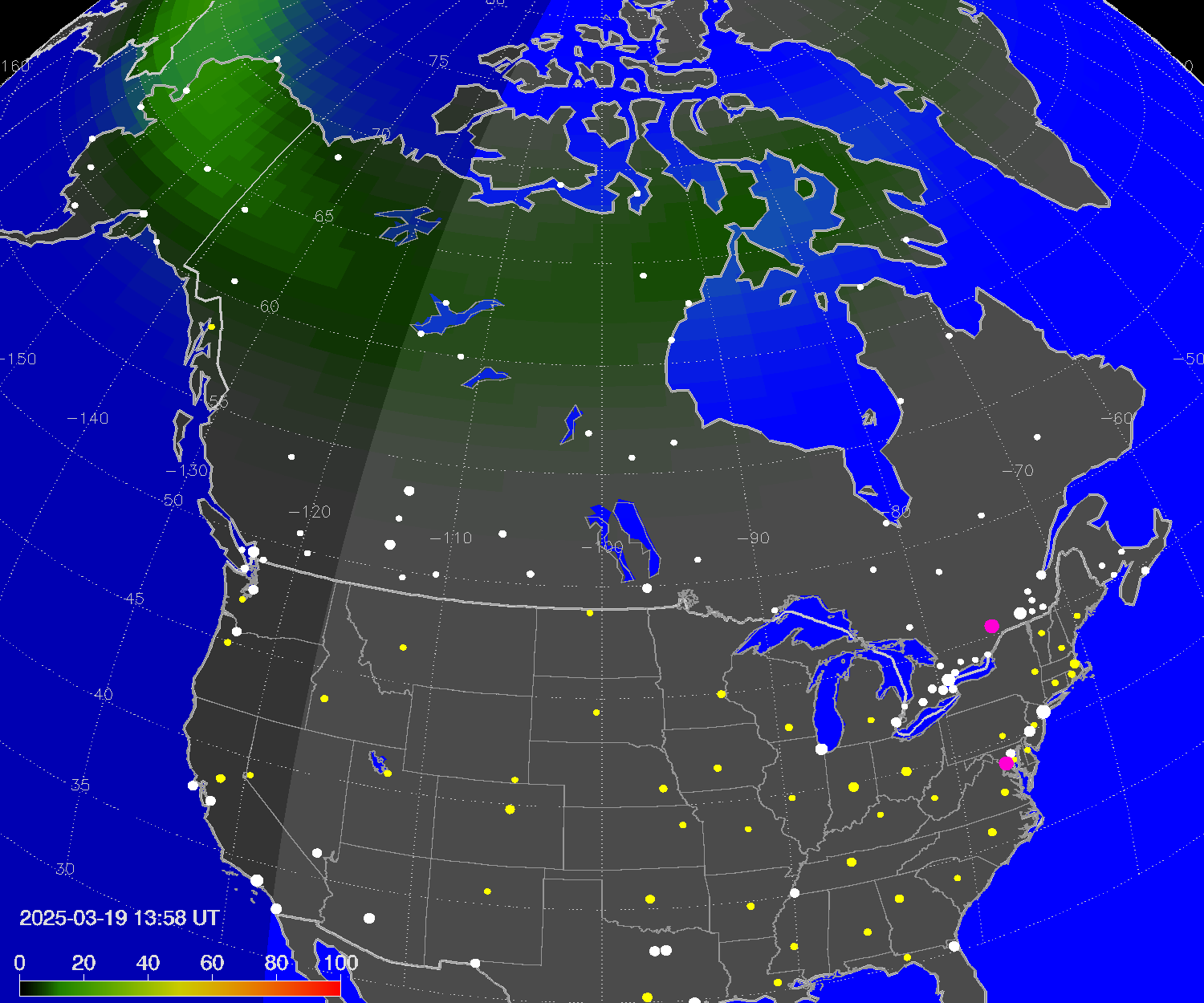 Northern lights (auroras) over North America