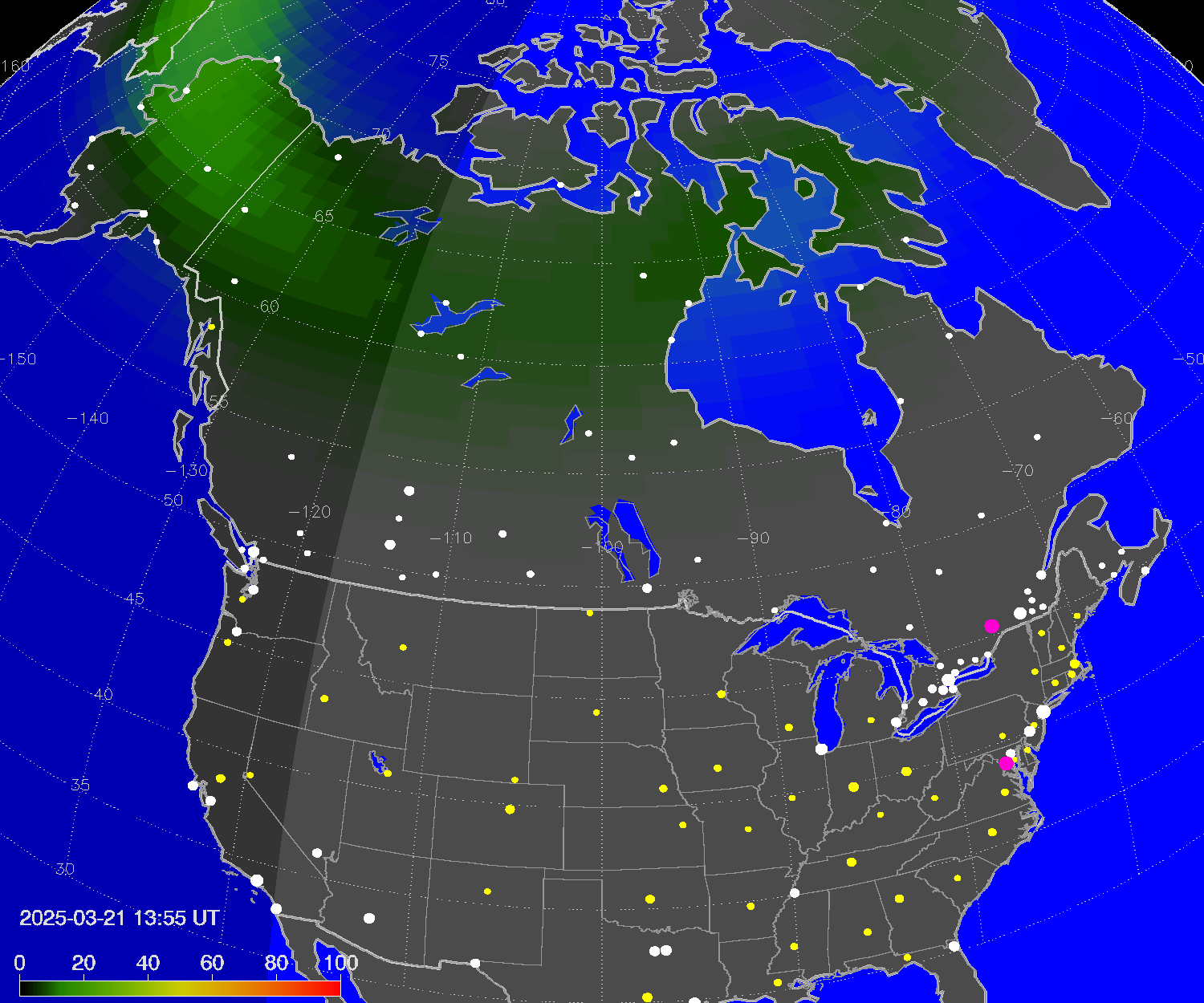 Northern lights (auroras) over North America