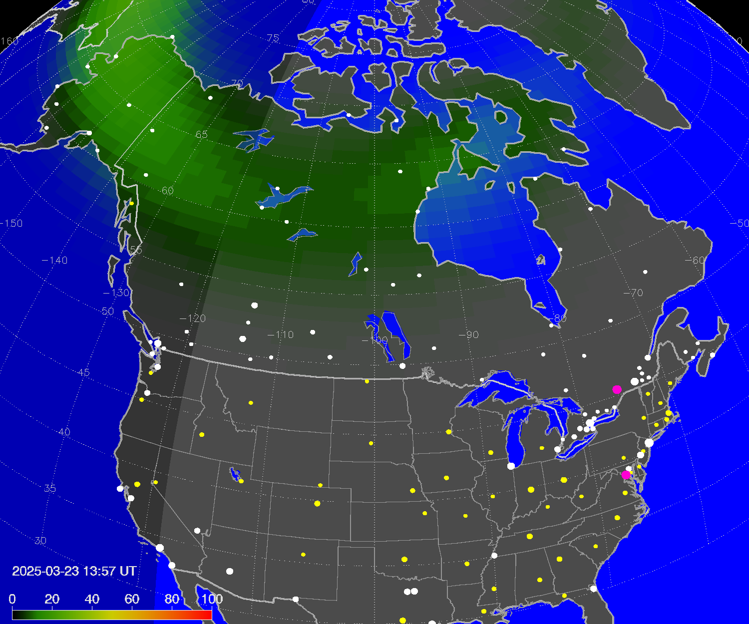 Northern lights (auroras) over North America