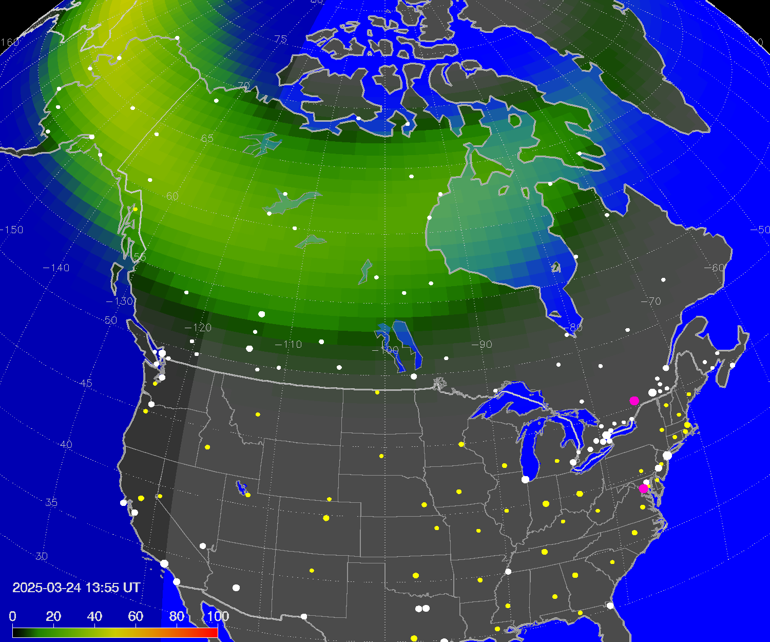 Northern lights (auroras) over North America