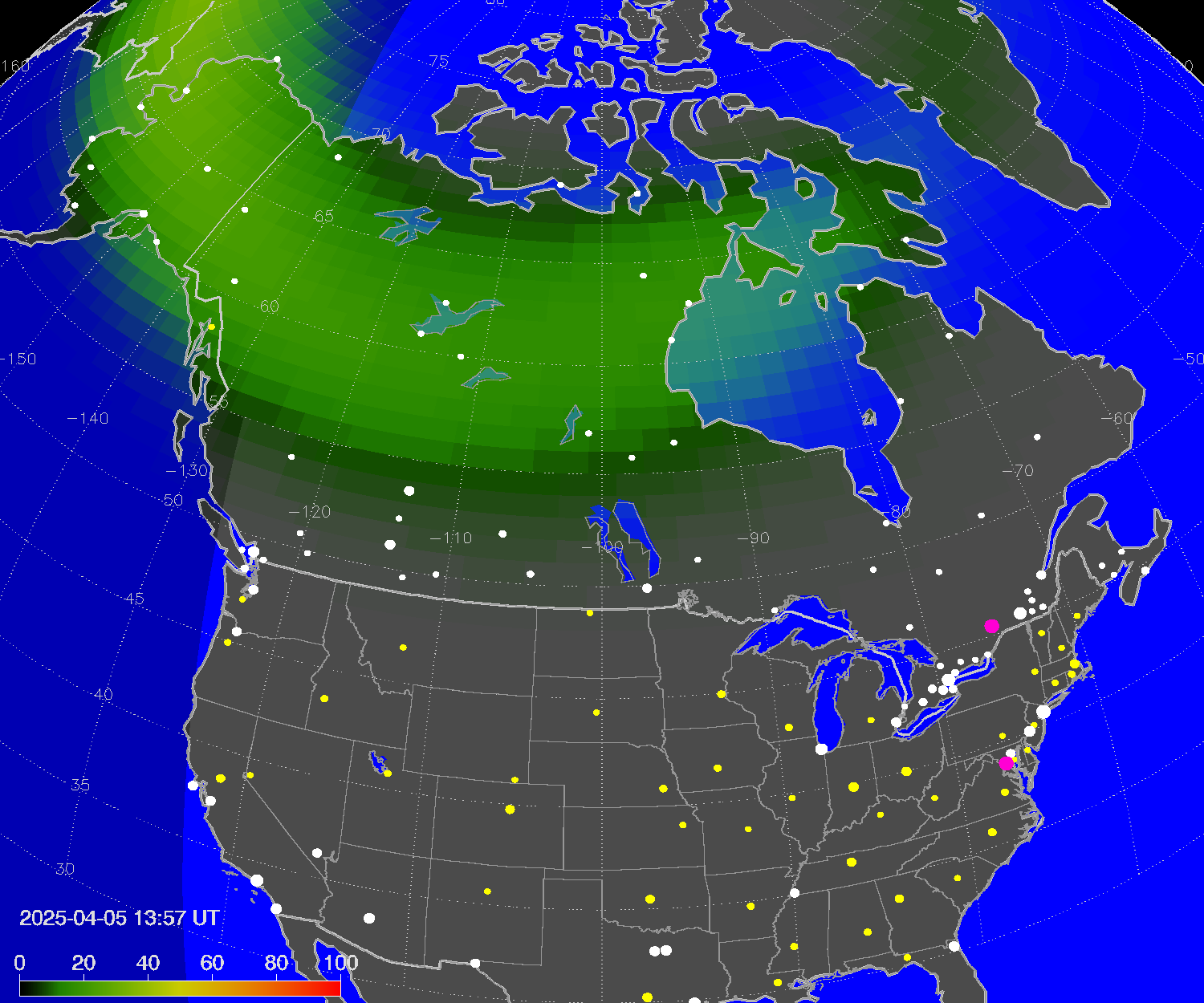 Northern lights (auroras) over North America