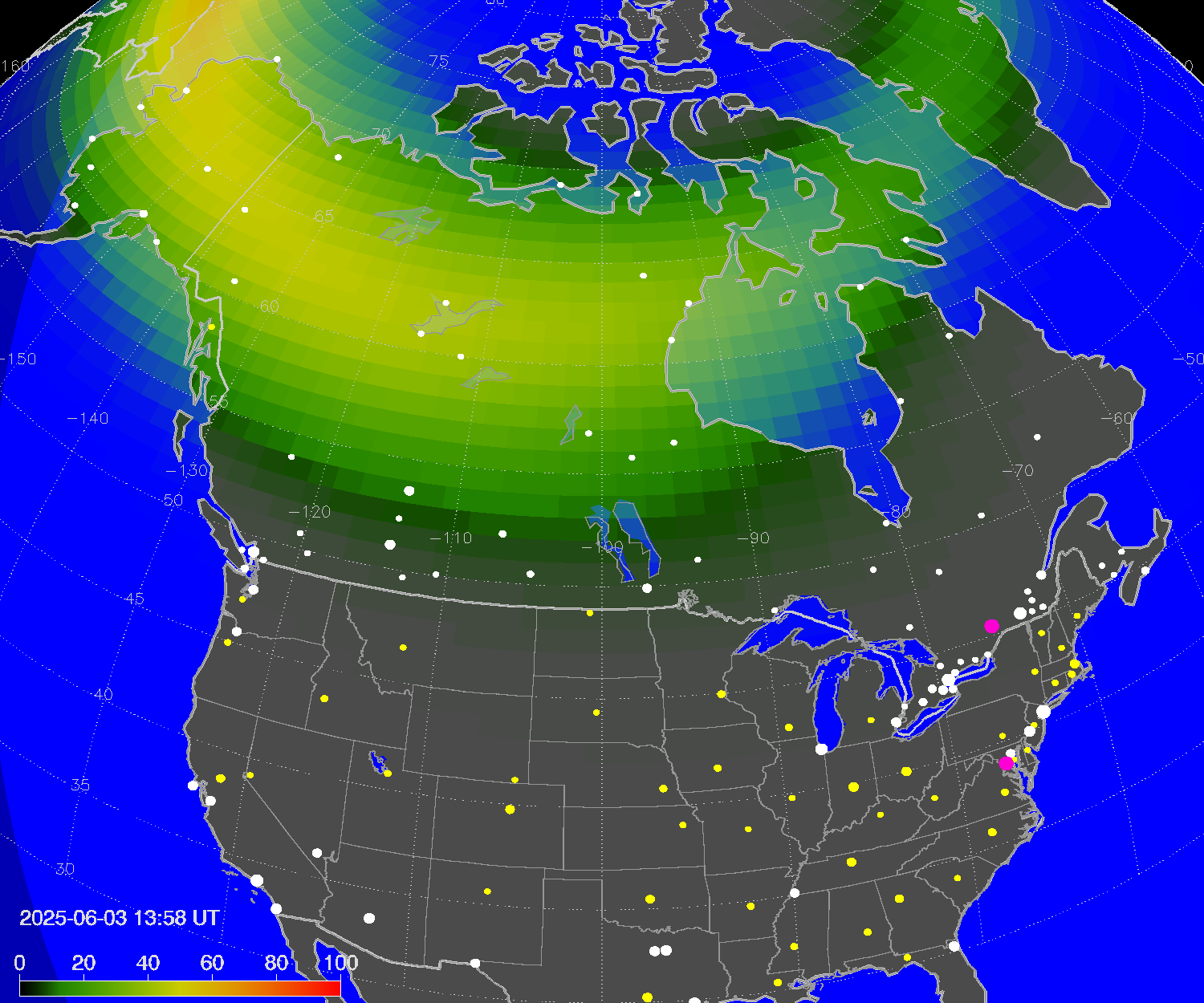 Northern lights (auroras) over North America