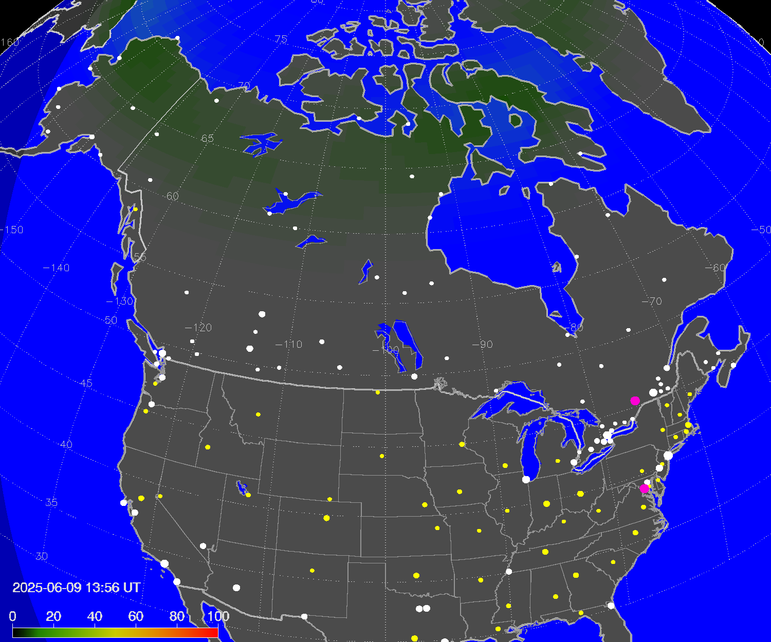 Northern lights (auroras) over North America