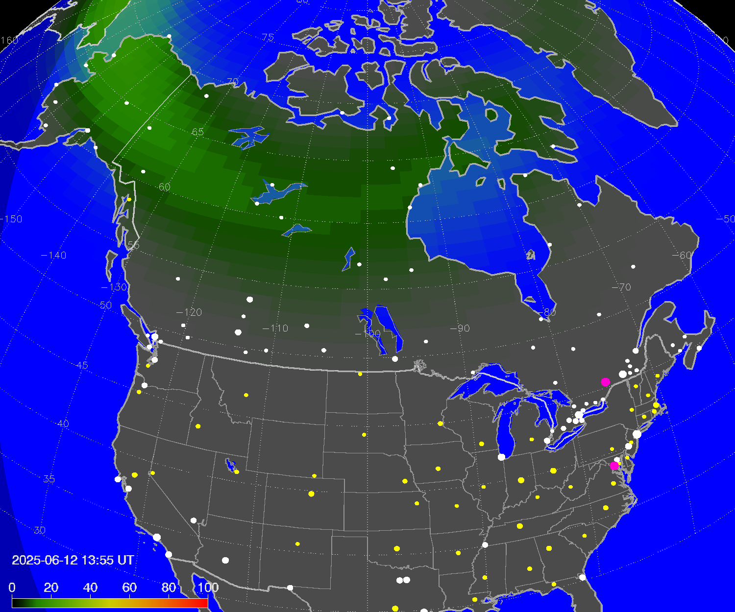 Northern lights (auroras) over North America
