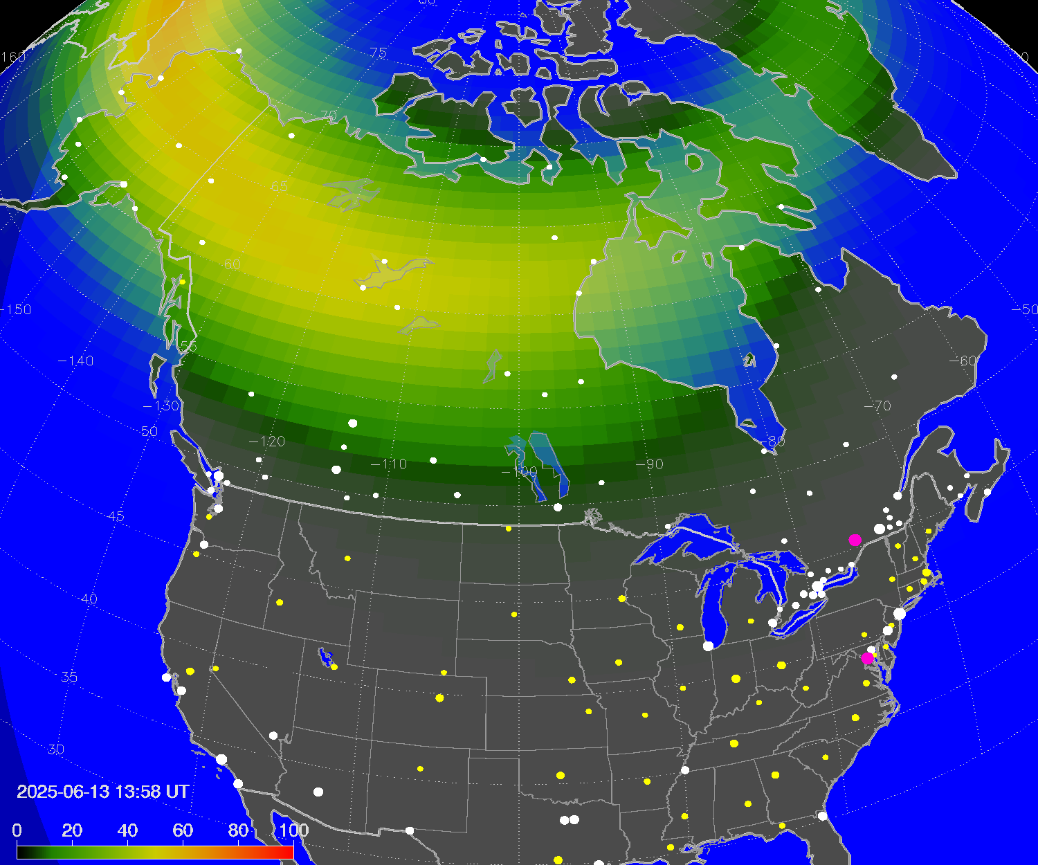 Northern lights (auroras) over North America