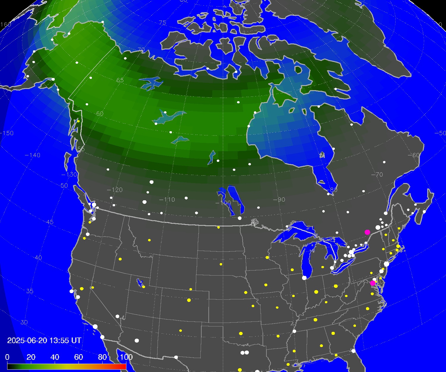 Northern lights (auroras) over North America