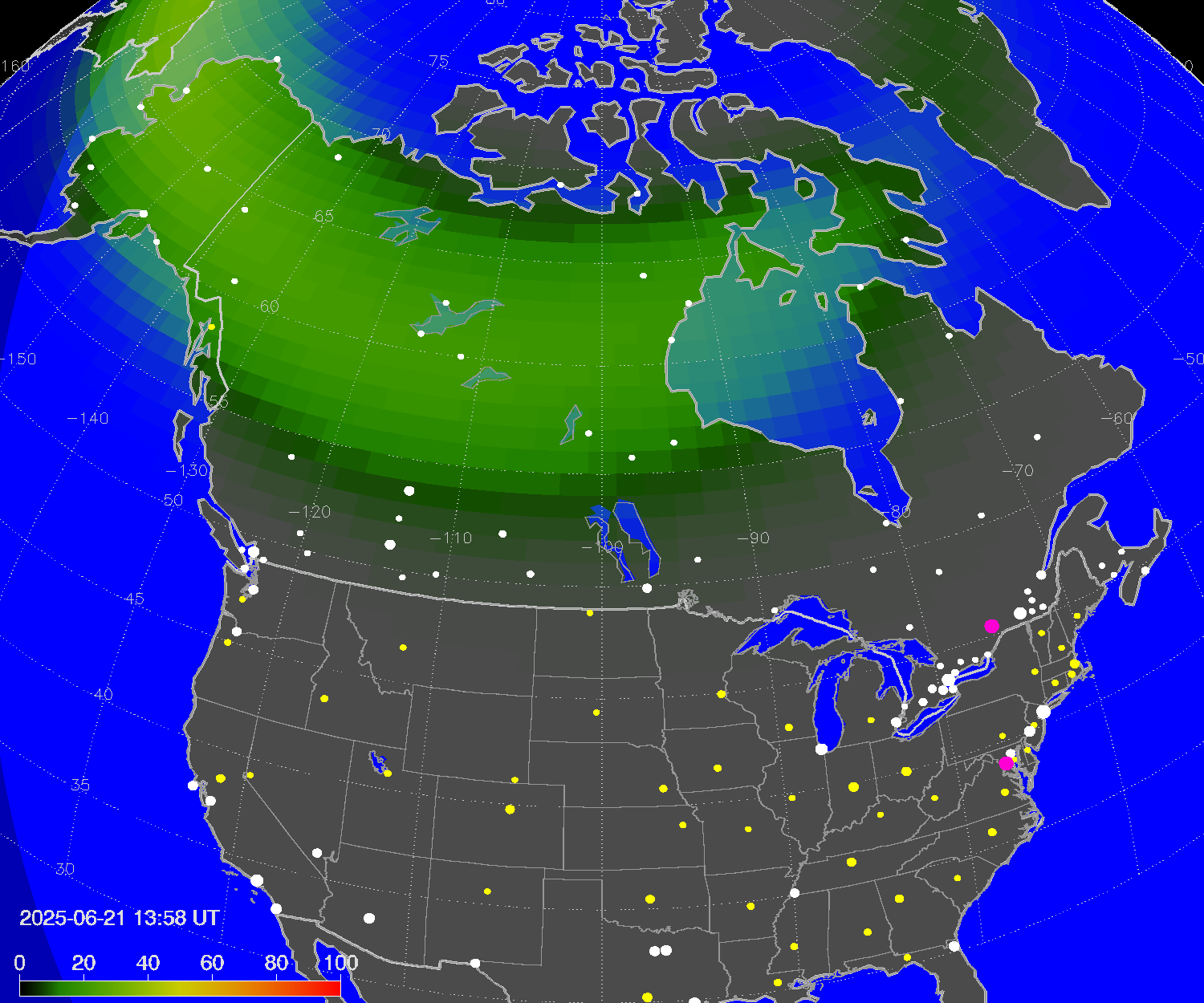 Northern lights (auroras) over North America