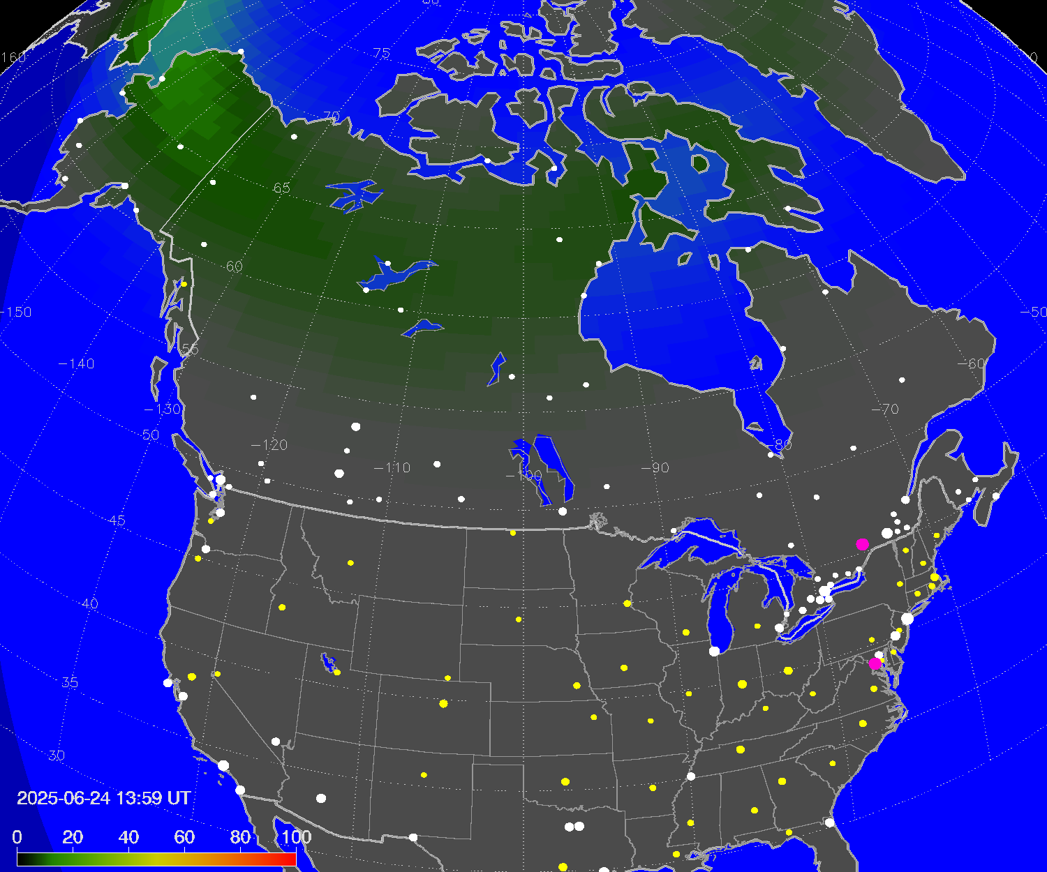 Northern lights (auroras) over North America