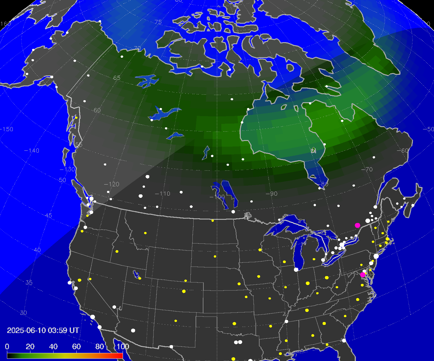 Northern lights (auroras) over North America
