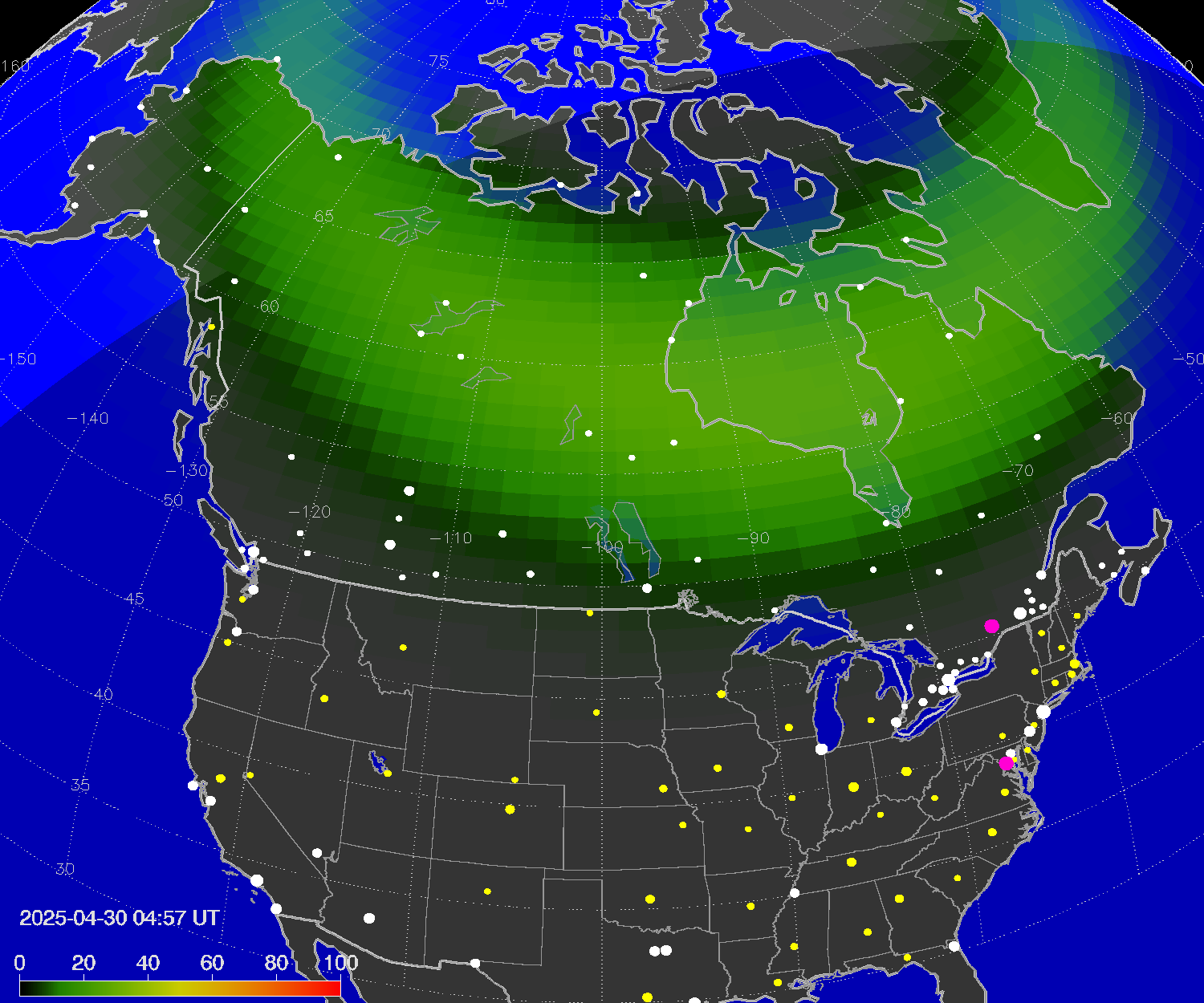 Northern lights (auroras) over North America
