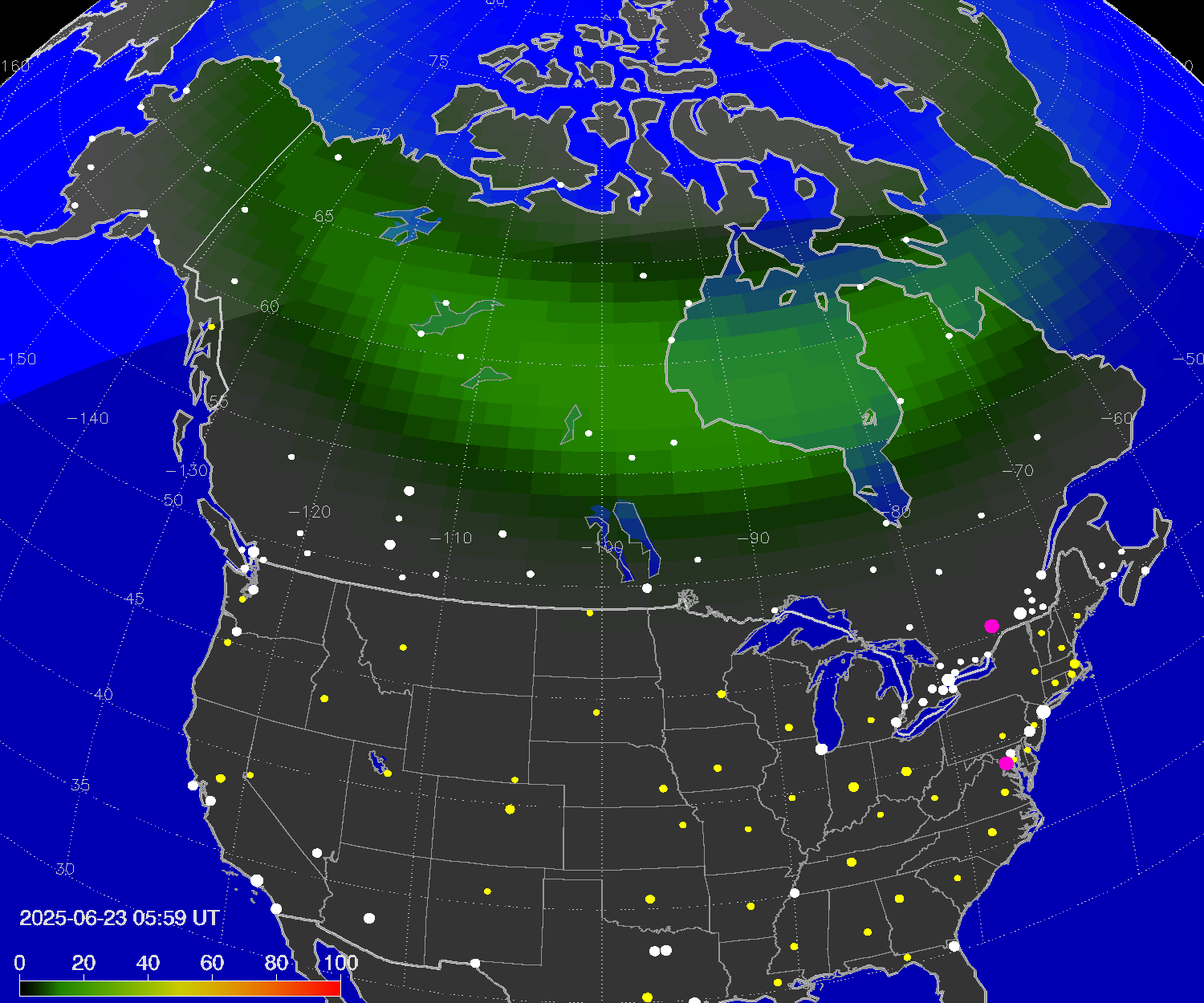 Northern lights (auroras) over North America