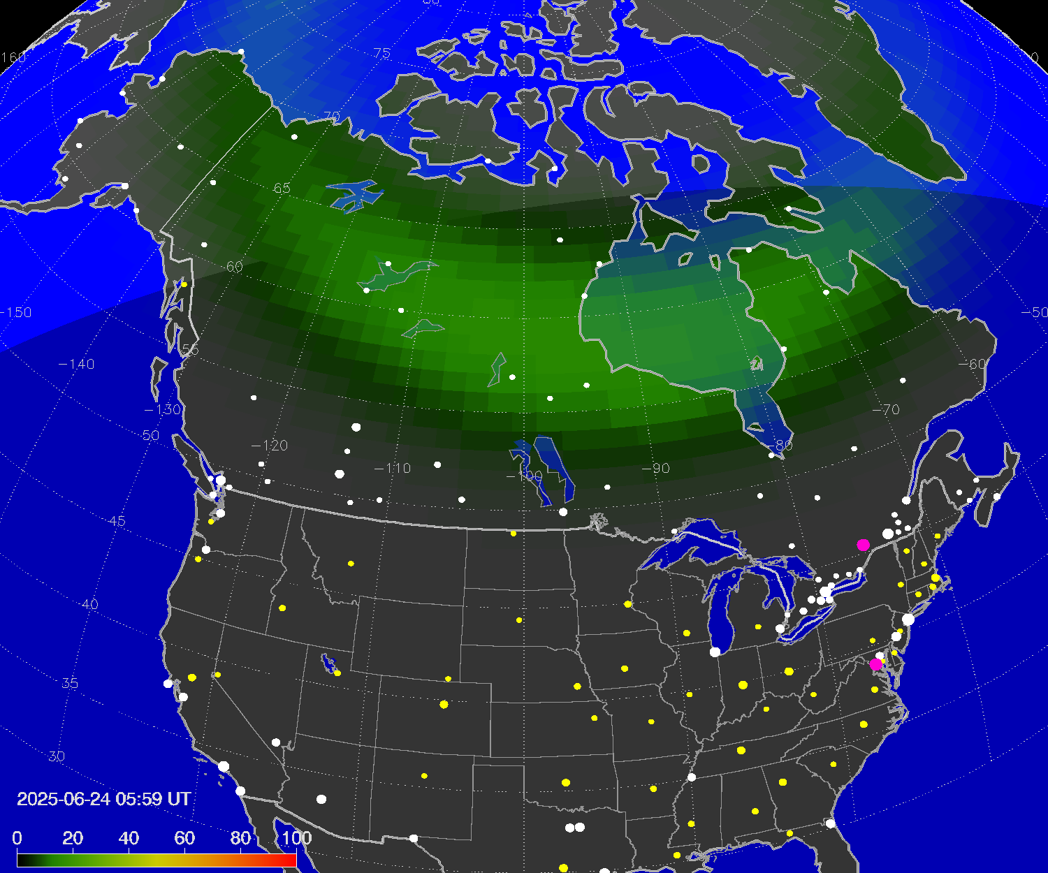 Northern lights (auroras) over North America