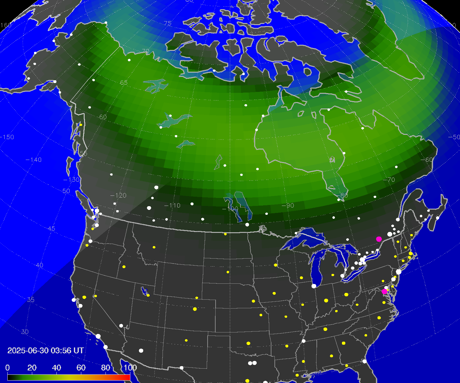 Northern lights (auroras) over North America