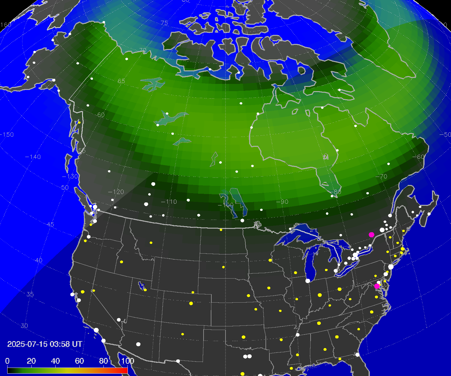 Northern lights (auroras) over North America