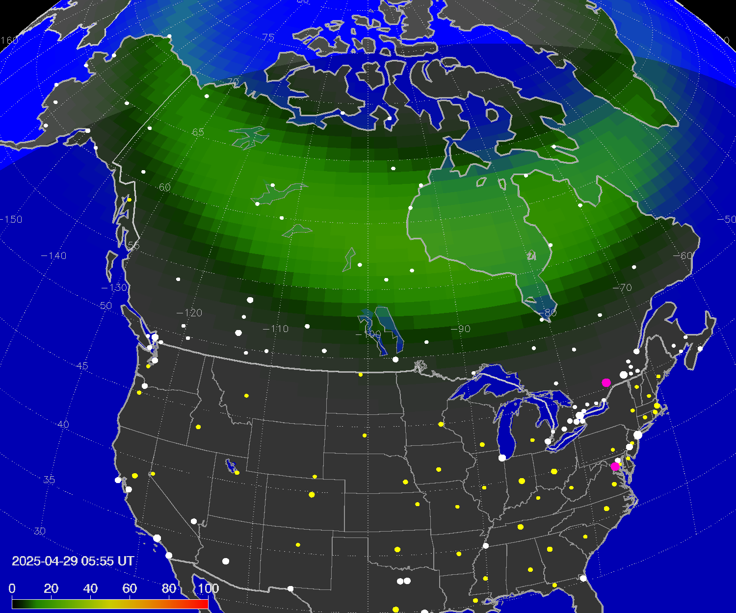 Northern lights (auroras) over North America