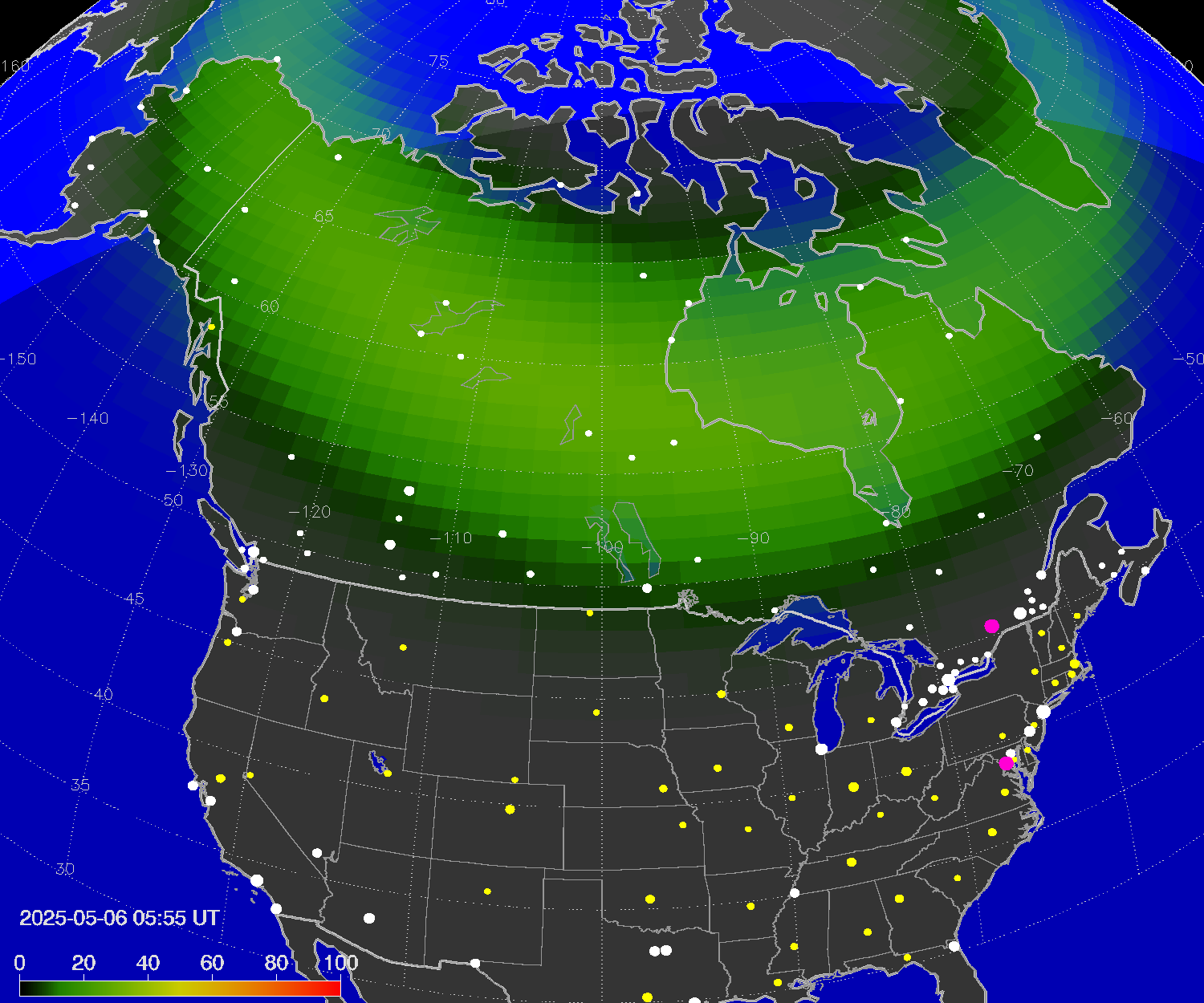 Northern lights (auroras) over North America