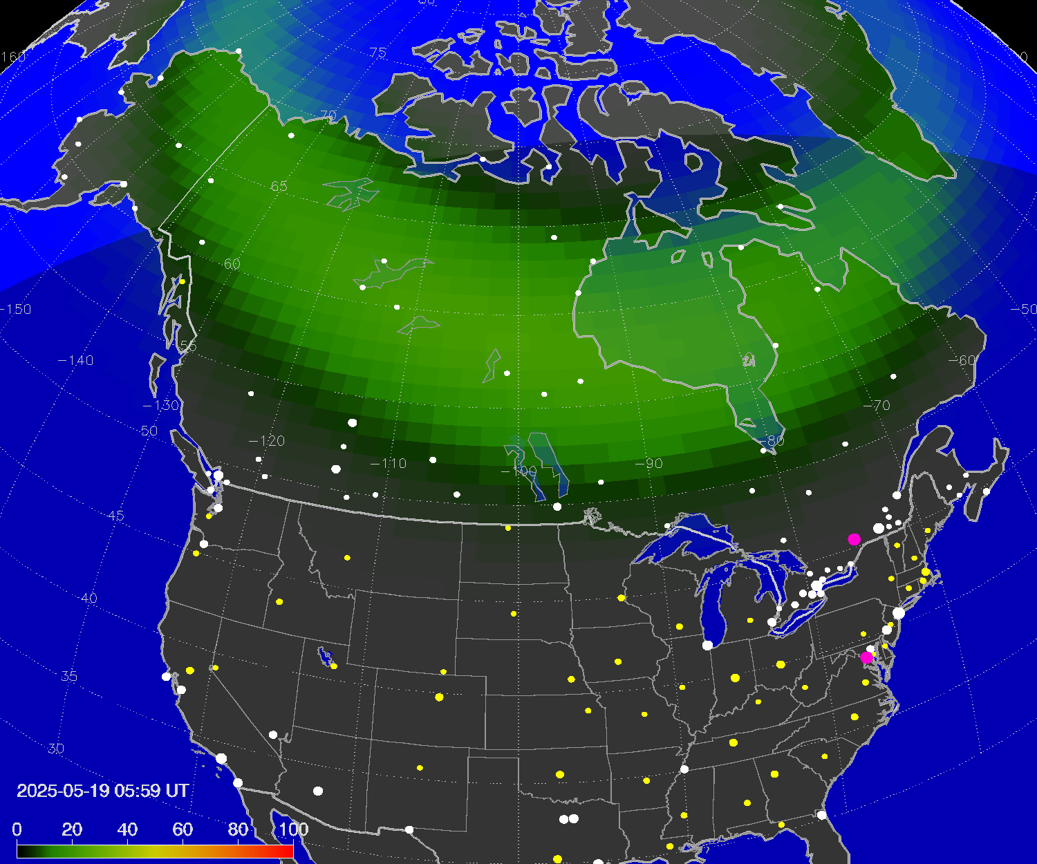 Northern lights (auroras) over North America