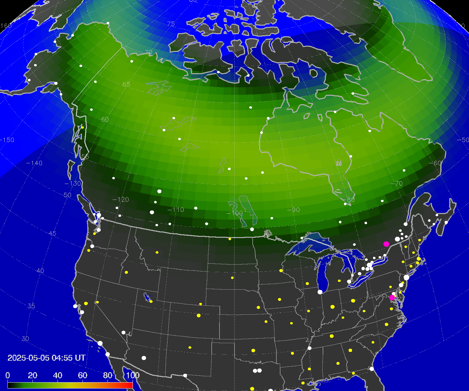 Northern lights (auroras) over North America