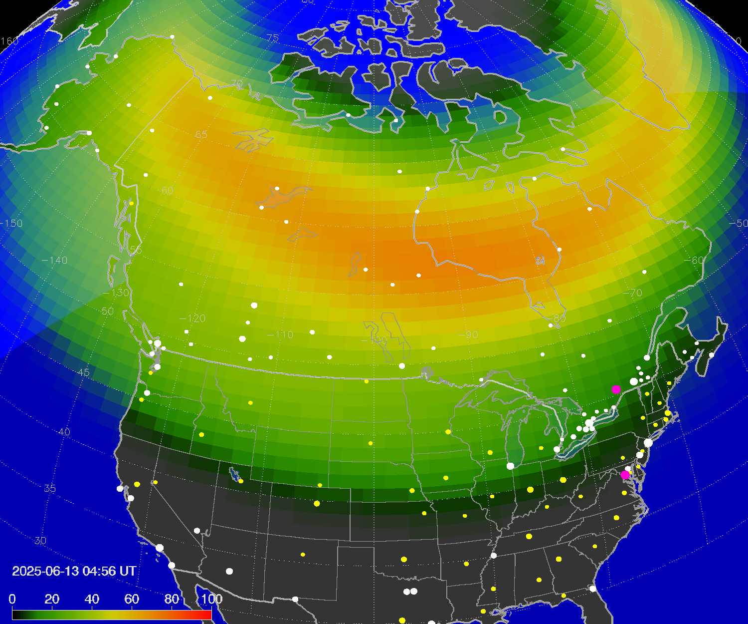 Northern lights (auroras) over North America