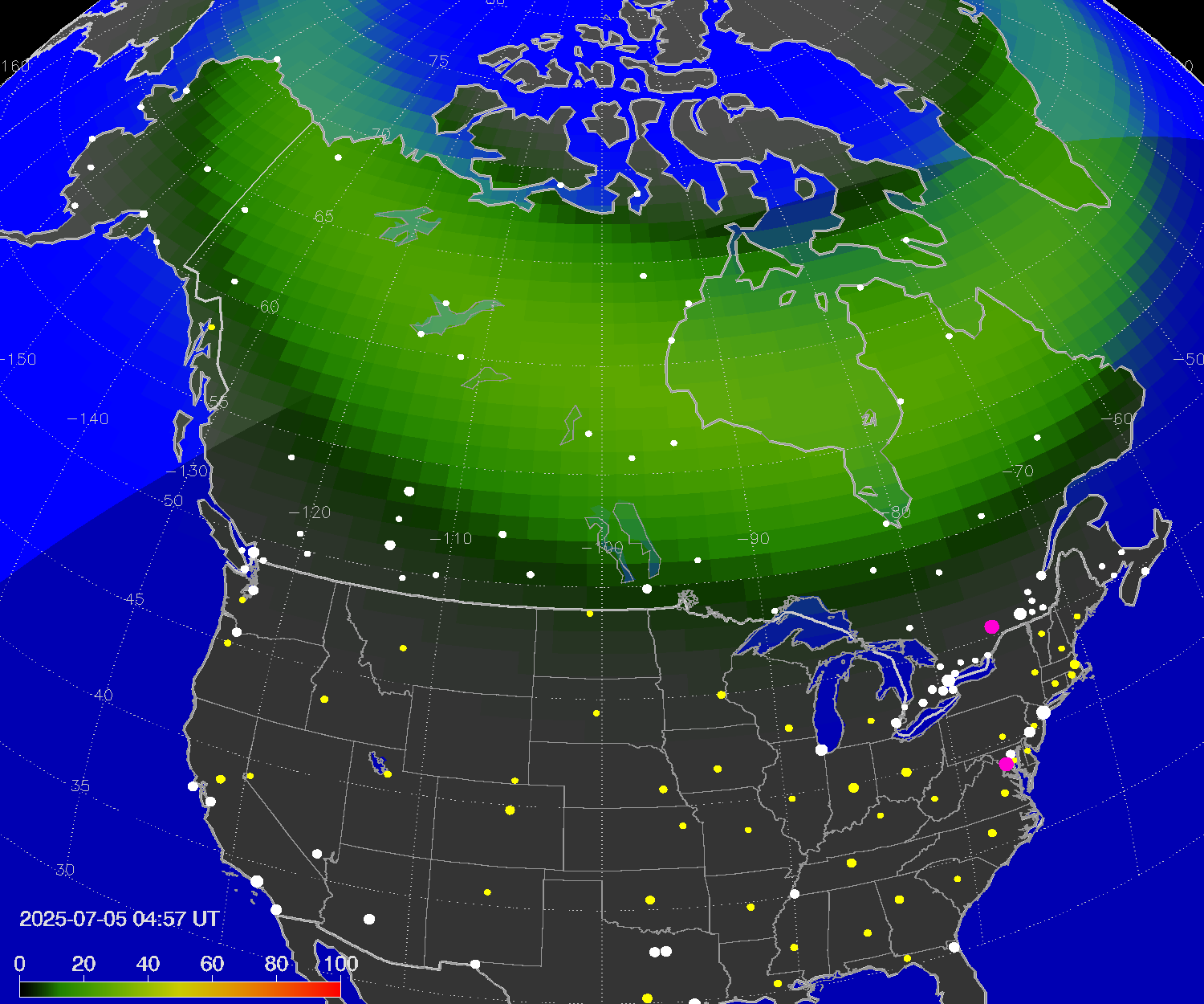Northern lights (auroras) over North America