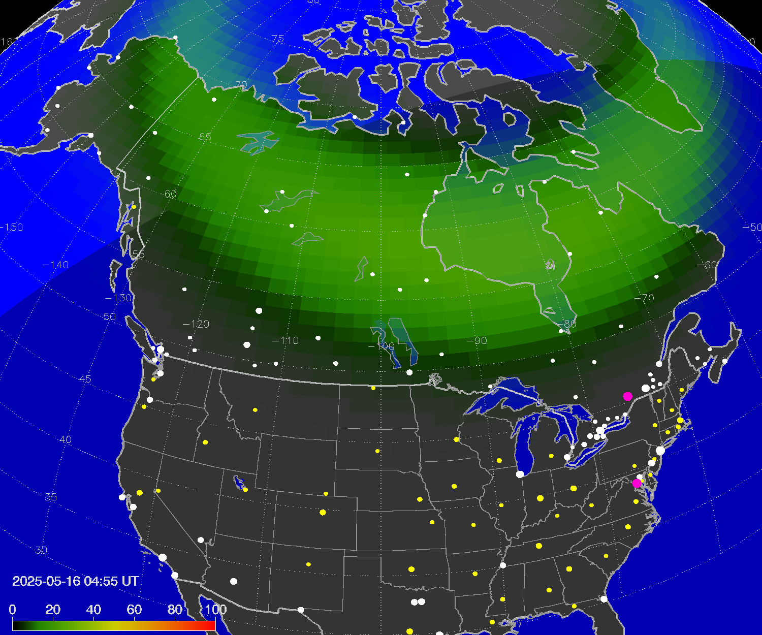 Northern lights (auroras) over North America