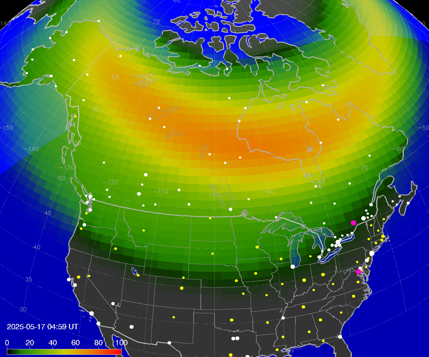 Northern lights (auroras) over North America