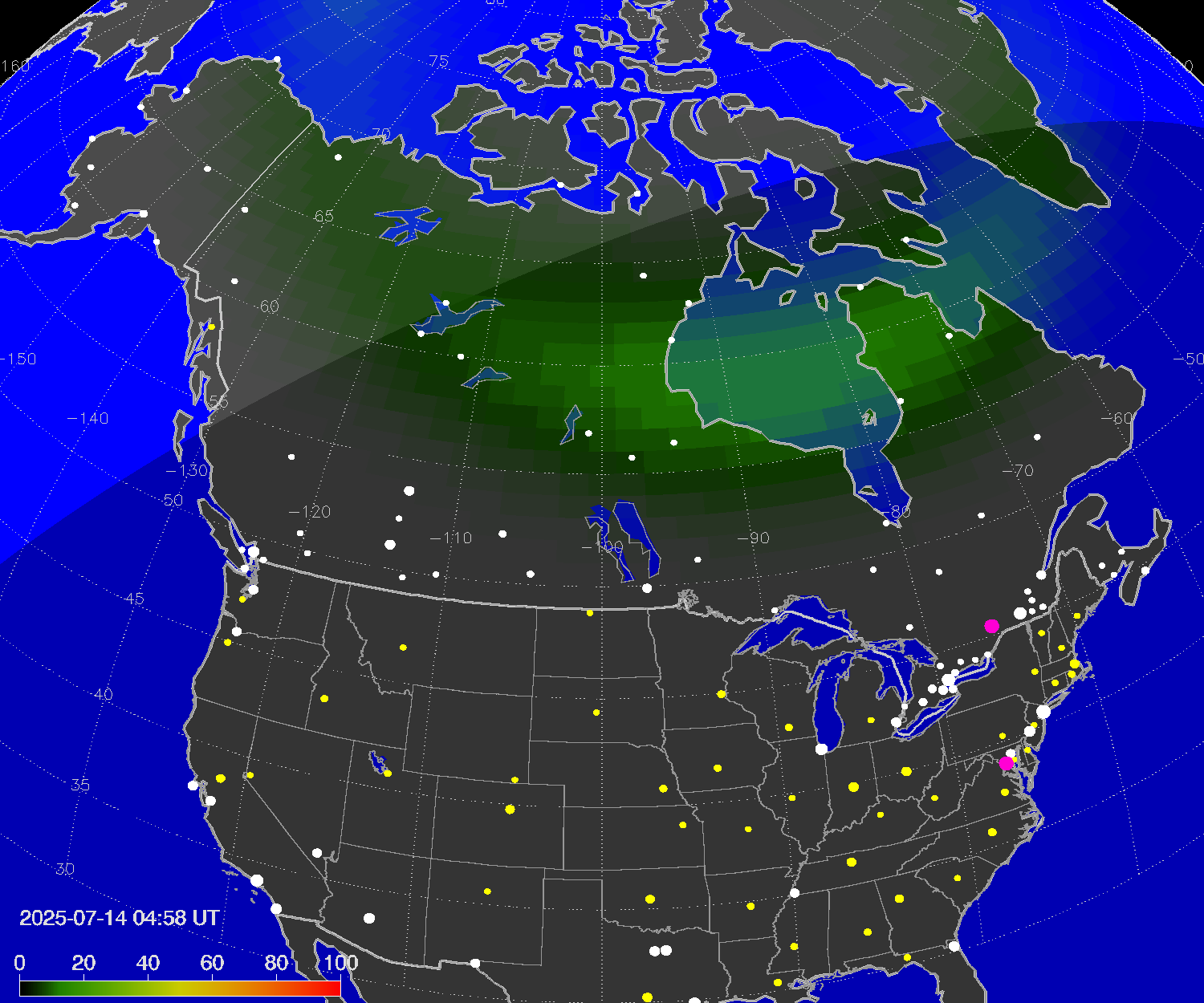Northern lights (auroras) over North America