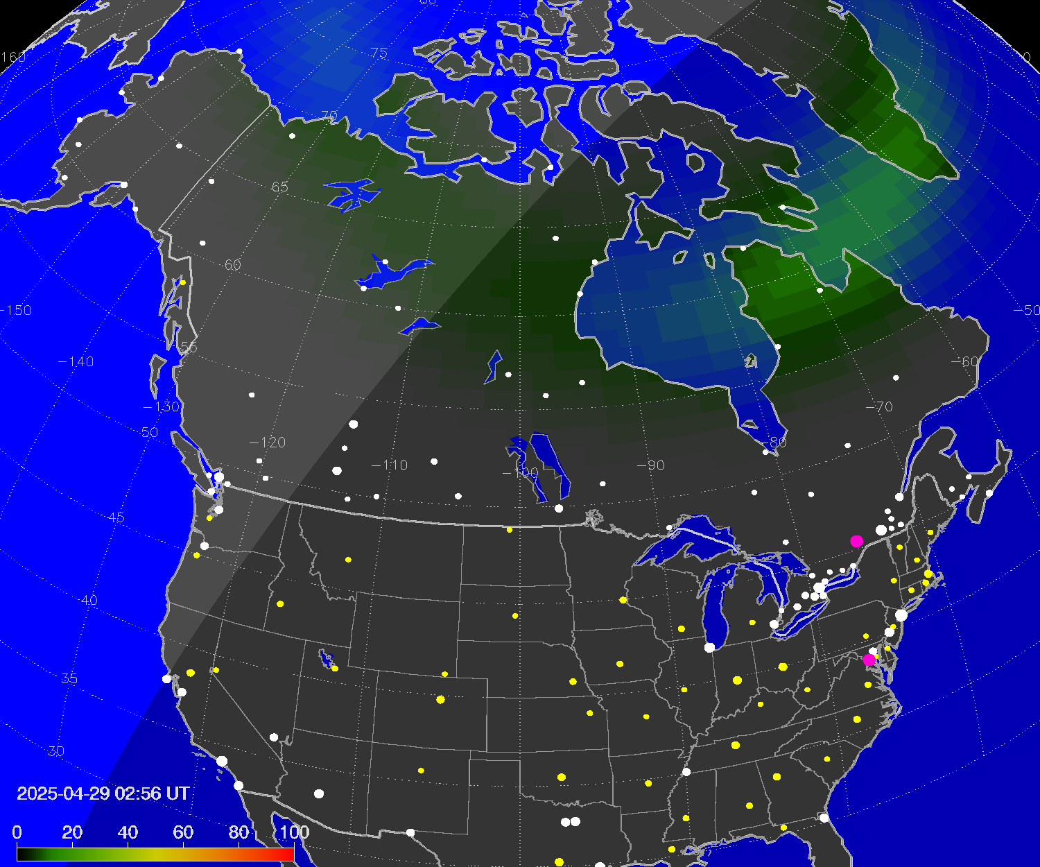 Northern lights (auroras) over North America