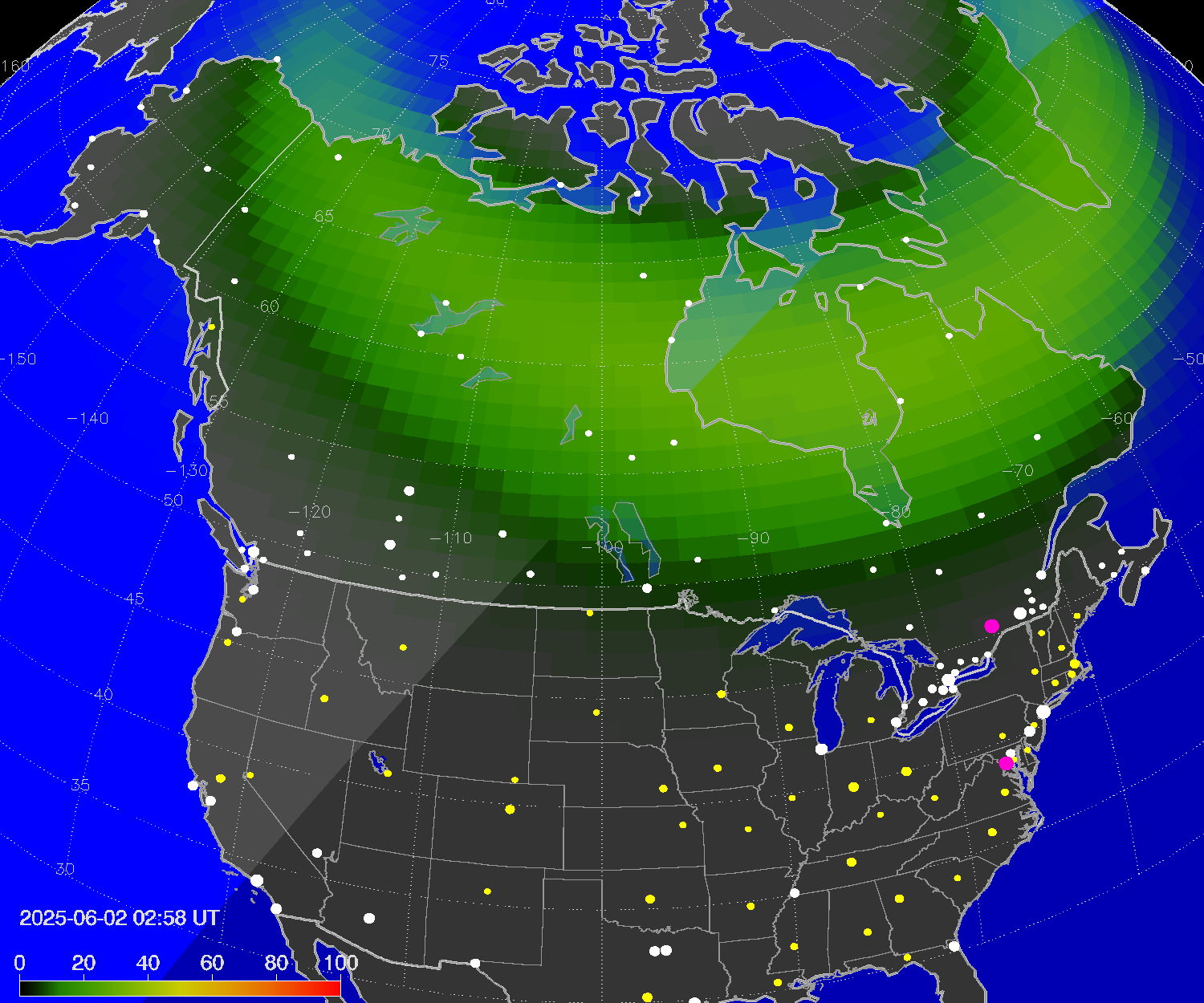 Northern lights (auroras) over North America