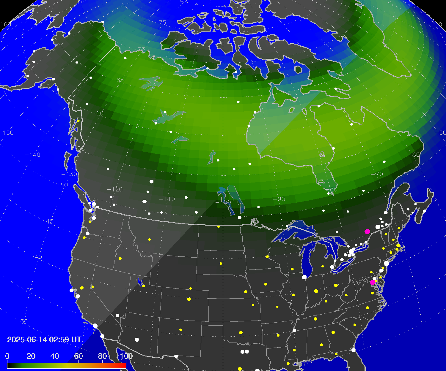 Northern lights (auroras) over North America